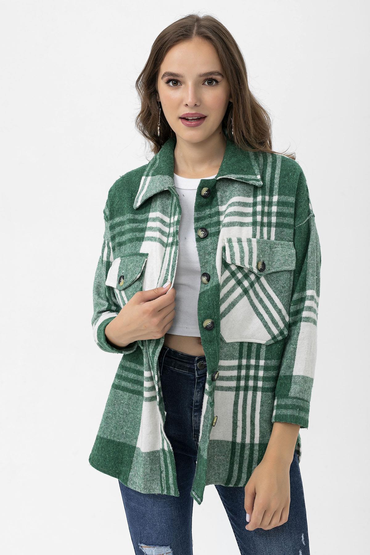 Kadın Çift Cepli Ekoseli Oversize Oduncu Gömlek