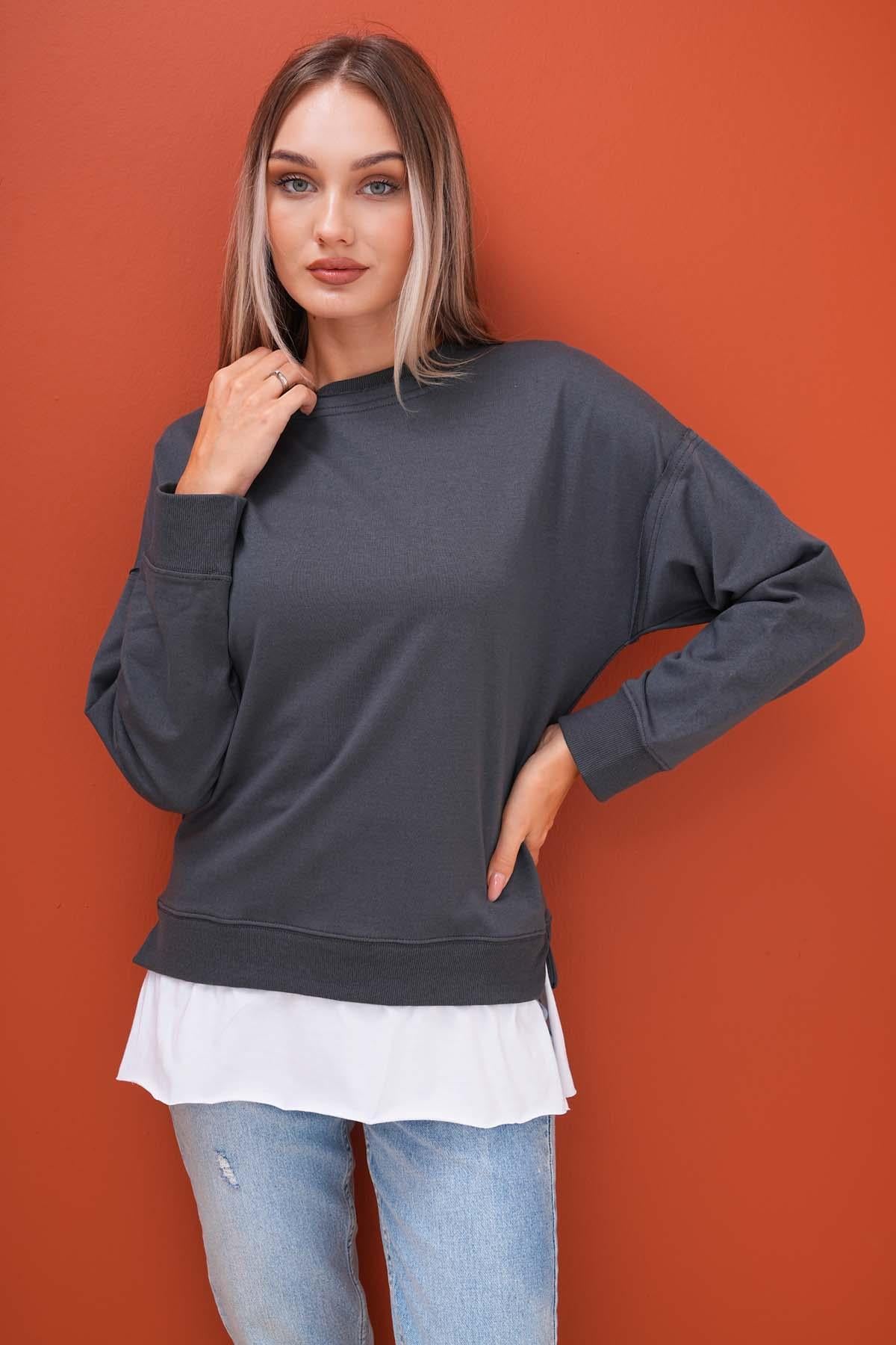 Kadın Çift Görünüm Detaylı Bisiklet Yaka iki İplik Sweatshirt 245112 -