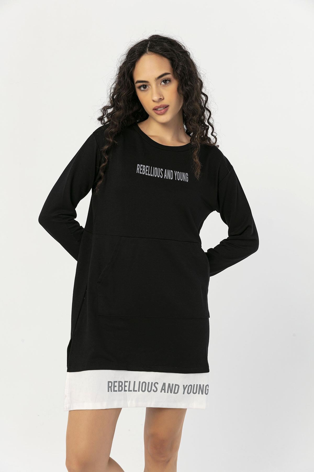Kadın Çift Görünümlü Kanguru Cepli Bisiklet Yaka Uzun Sweatshirt