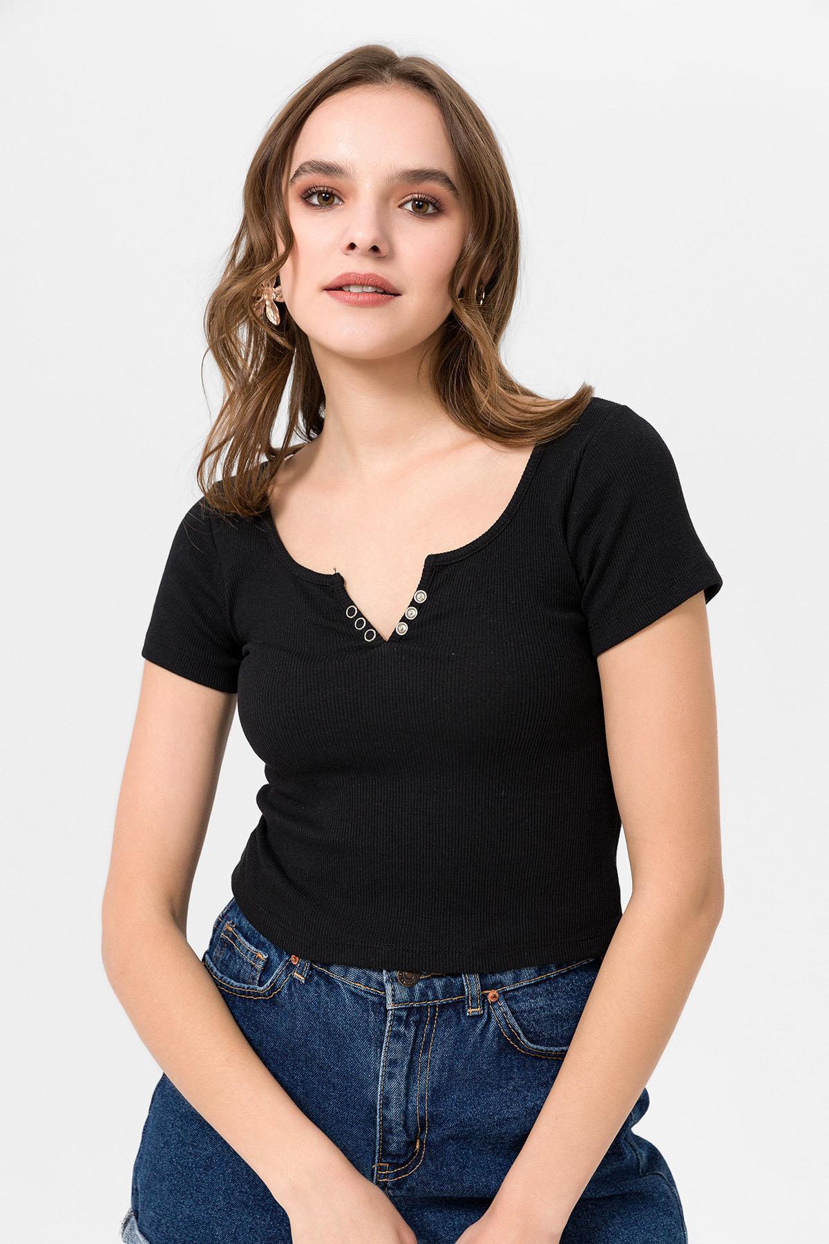 Kadın Çıtçıtlı Kaşkorse Crop Bluz