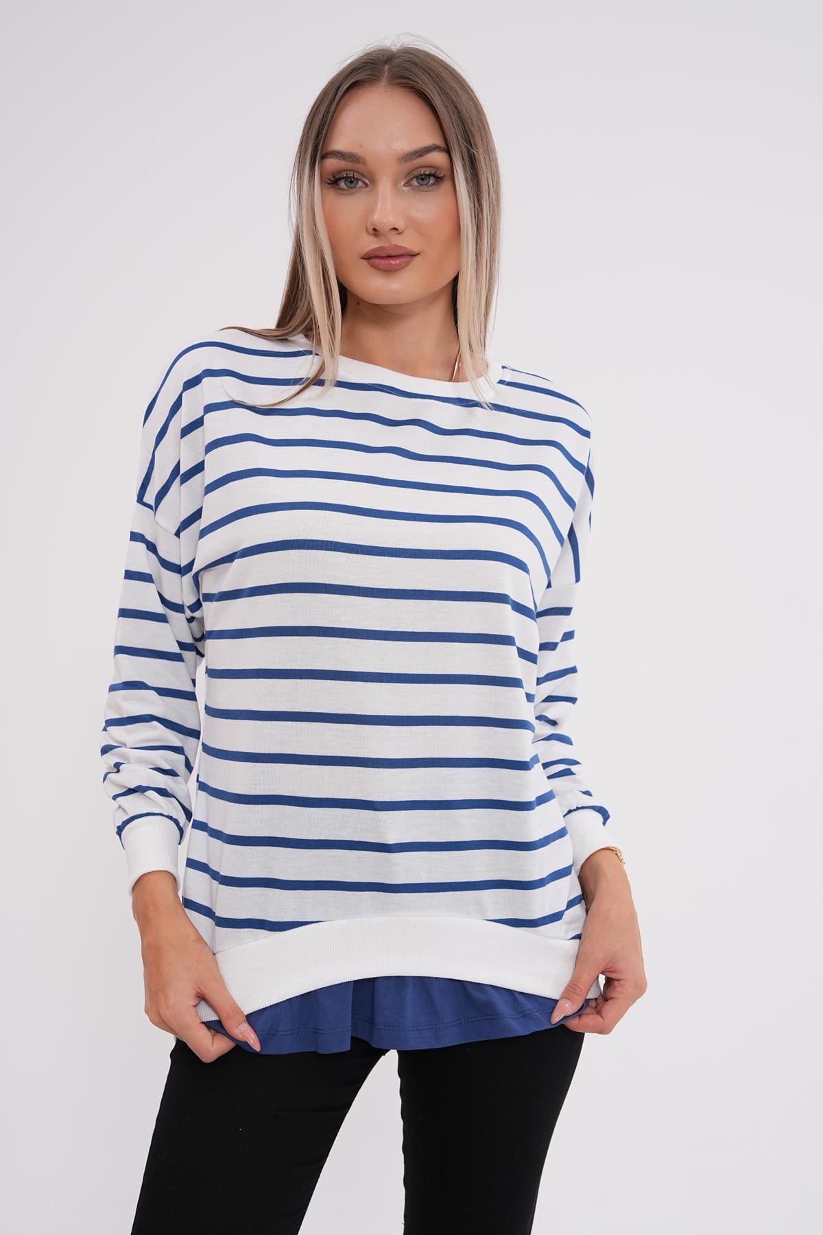 Kadın Çizgi Desenli Çift Görünüm Detaylı Bisiklet Yaka İki İplik Sweatshirt 245243 -