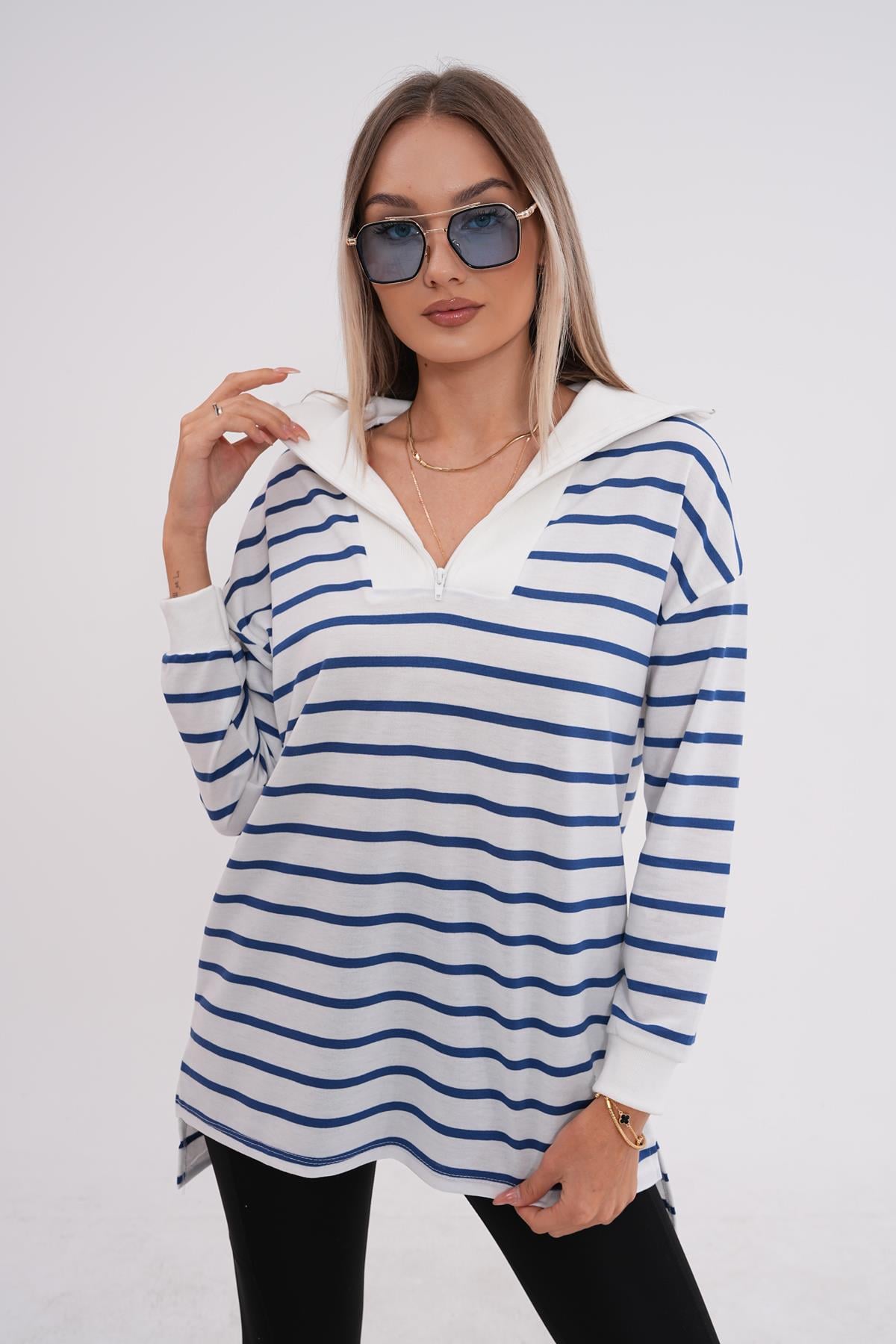 Kadın Çizgi Desenli Fermuar Detaylı İki İplik Sweatshirt 245272 -