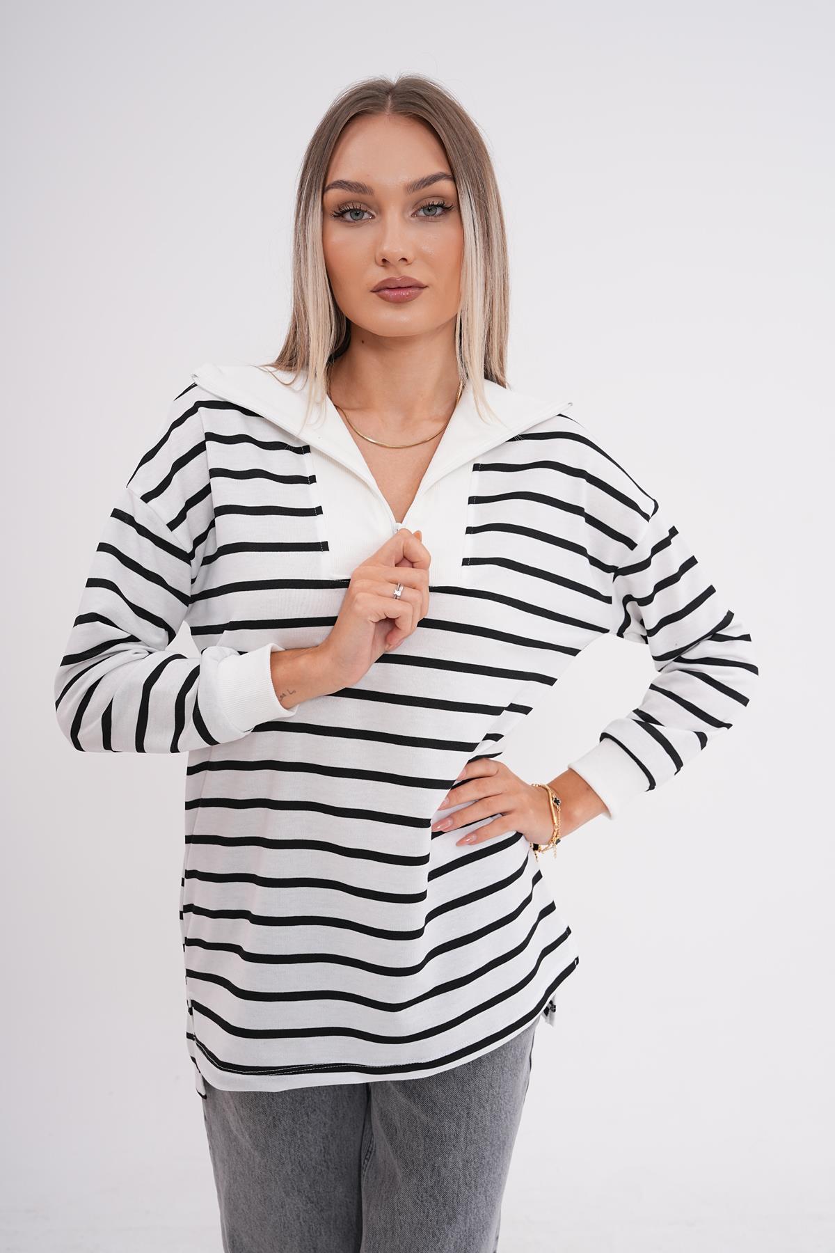 Kadın Çizgi Desenli Fermuar Detaylı İki İplik Sweatshirt 245272 -