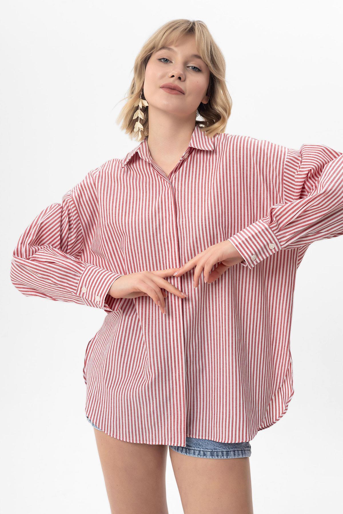 Kadın Çizgi Desenli Oversize Gömlek