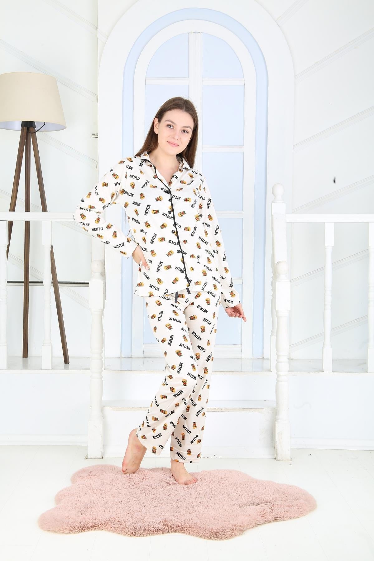 Kadın Düğmeli Uzun Kol Pamuklu Likralı Pijama Takım
