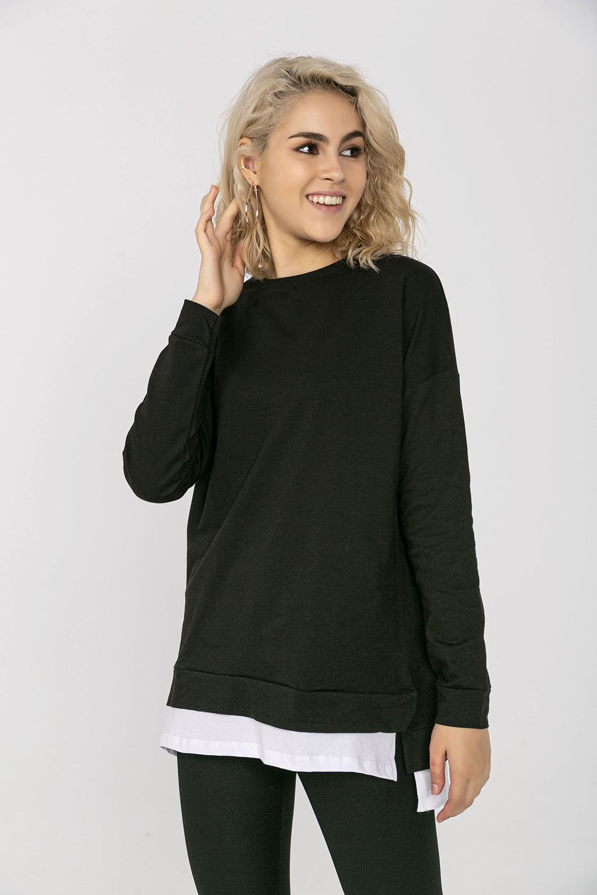 Kadın Eteği Çift Görünüm Detaylı Bisiklet Yaka Sweatshirt