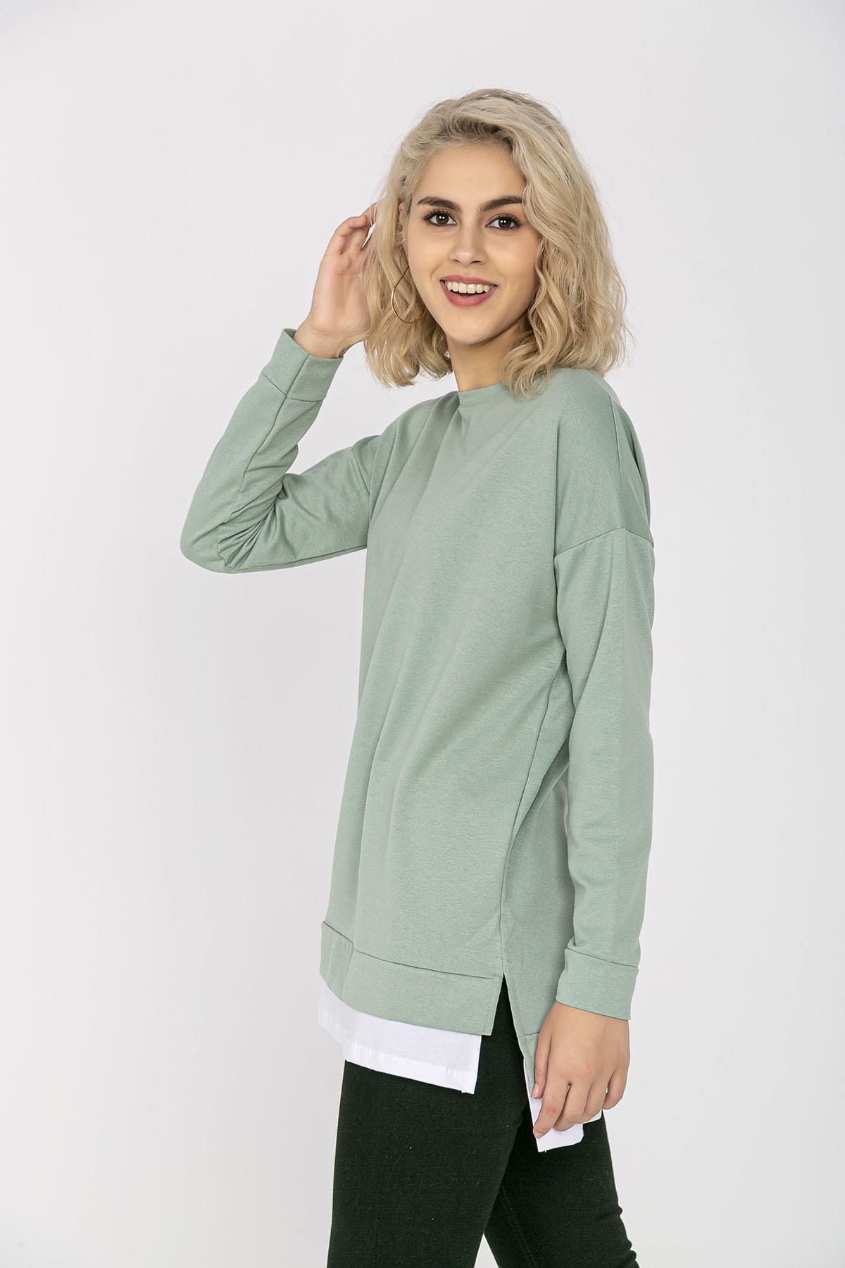 Kadın Eteği Çift Görünüm Detaylı Bisiklet Yaka Sweatshirt