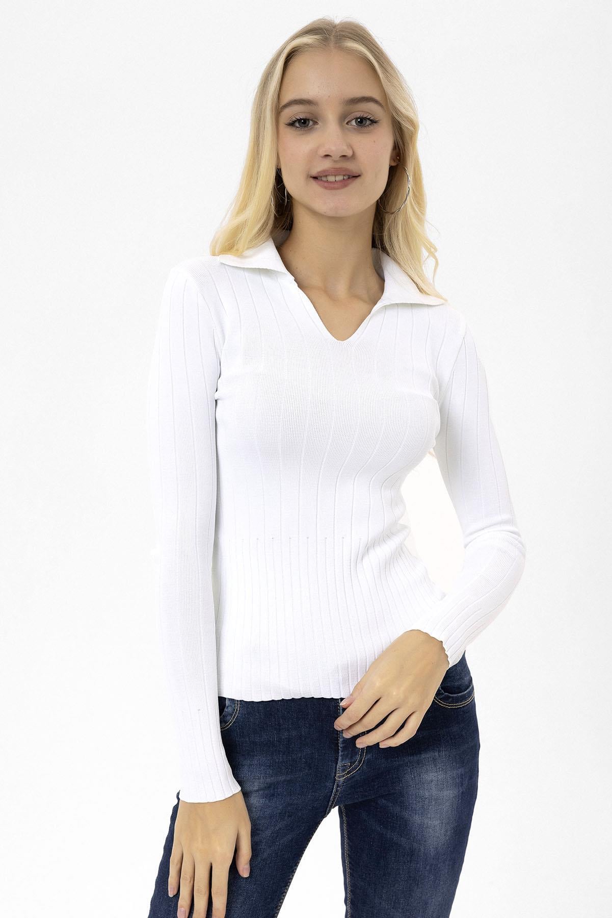 Kadın Fitilli Polo Yaka Kazak 245011 -