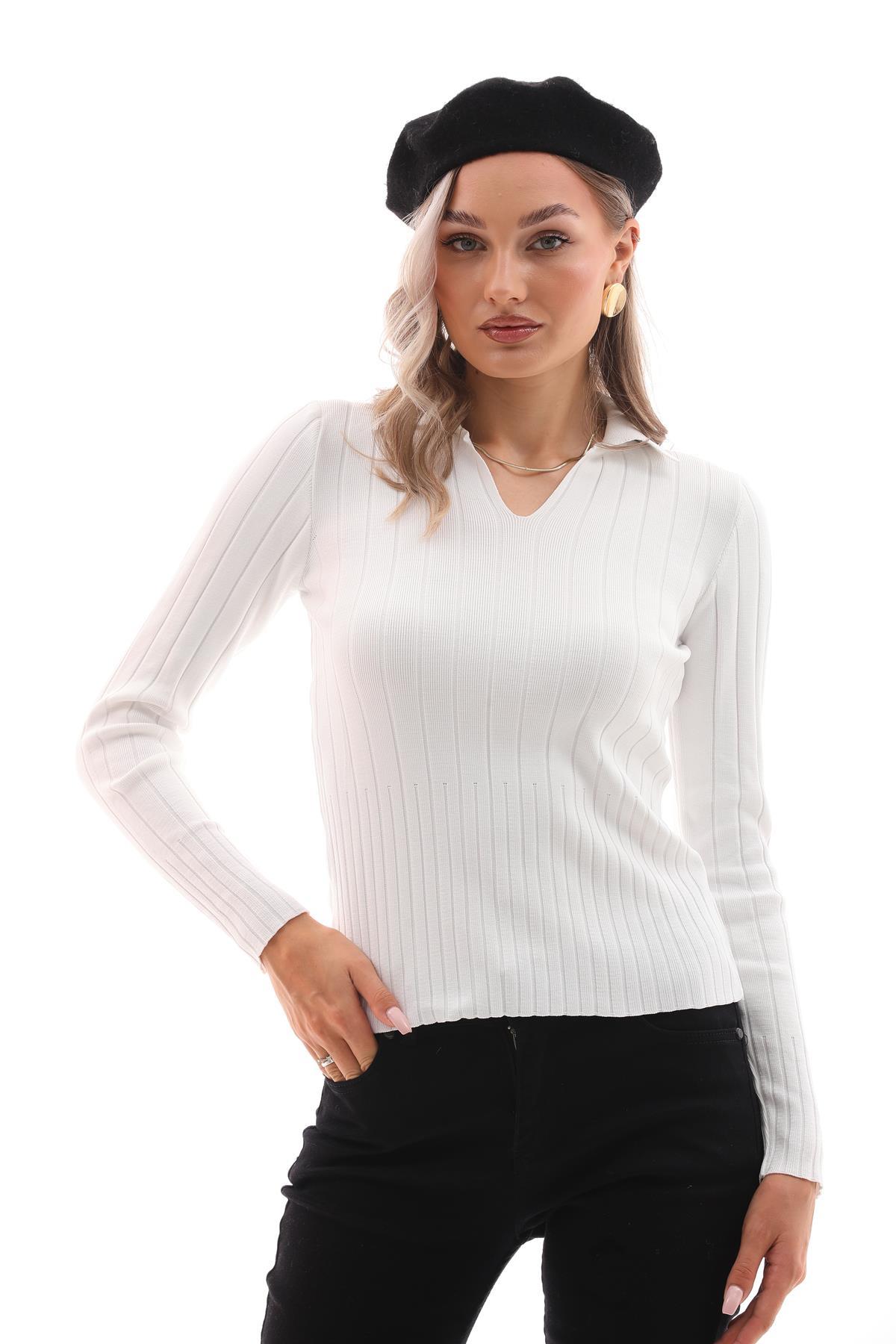 Kadın Fitilli Polo Yaka Kazak 245011 -