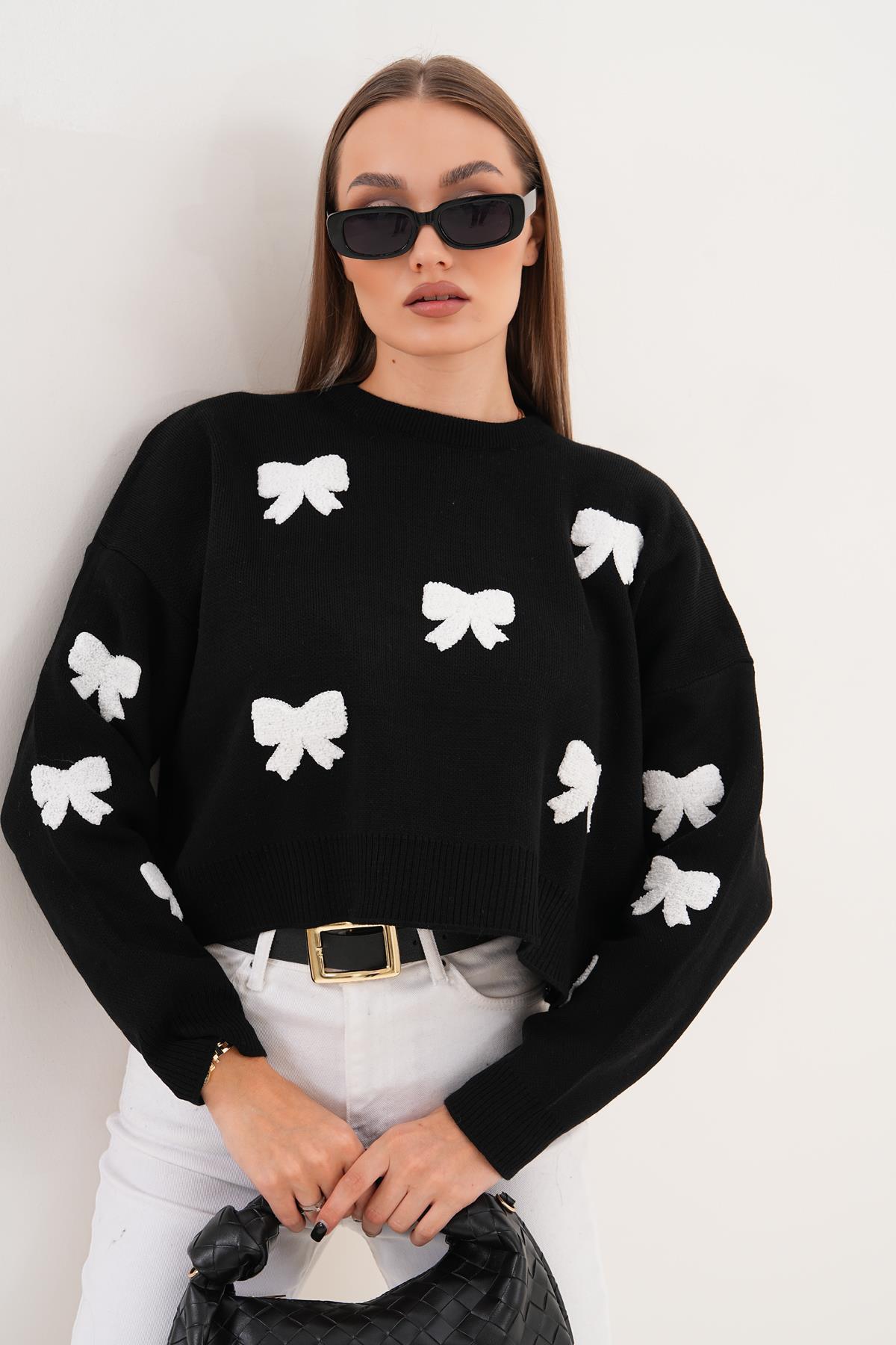 Kadın Fiyonk Desenli Triko Örme Oversize Kazak 255191 -