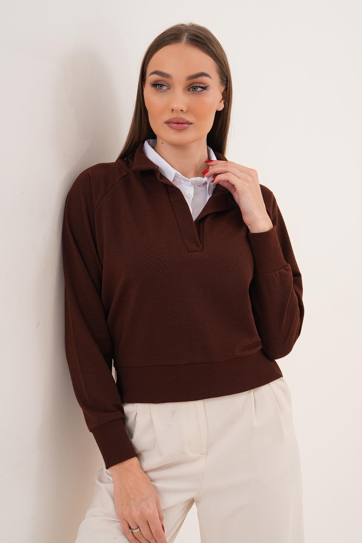 Kadın Gömlek Yaka İki İplik Sweatshirt 255451 -