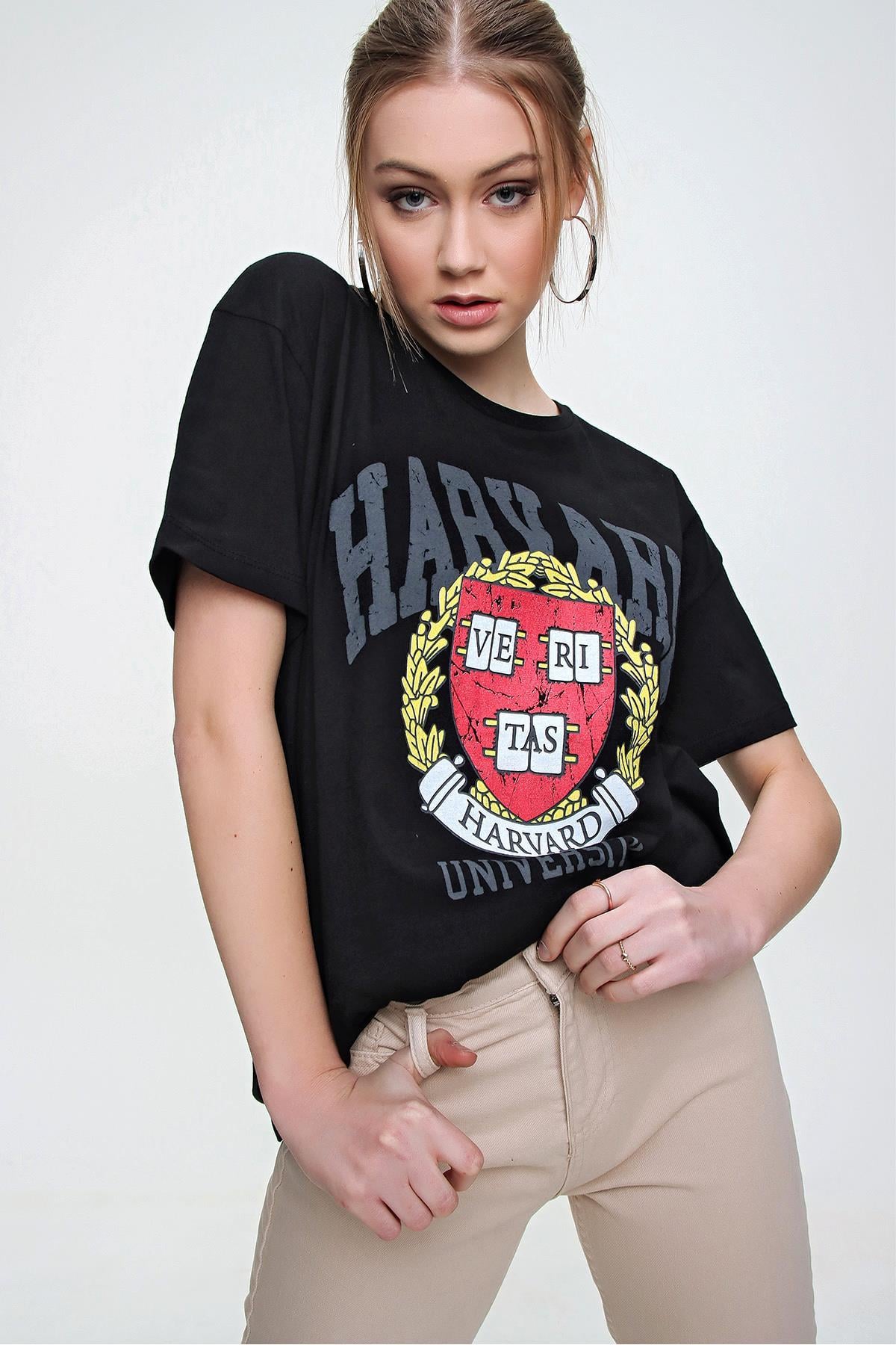 Kadın Harvard Baskılı Oversize Tişört 220059 -