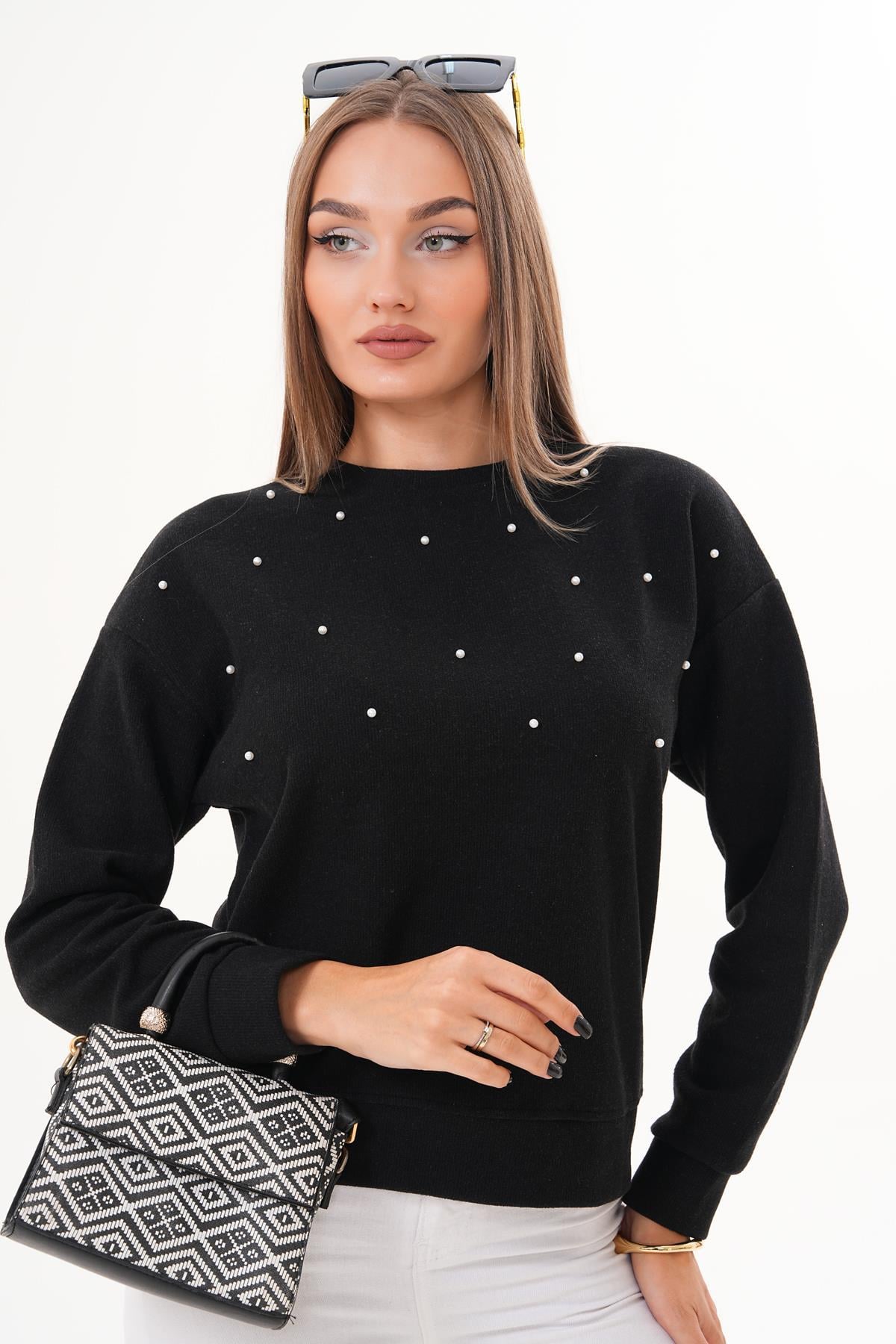 Kadın İnci Detaylı Selanik Örme Sweatshirt 255225 -