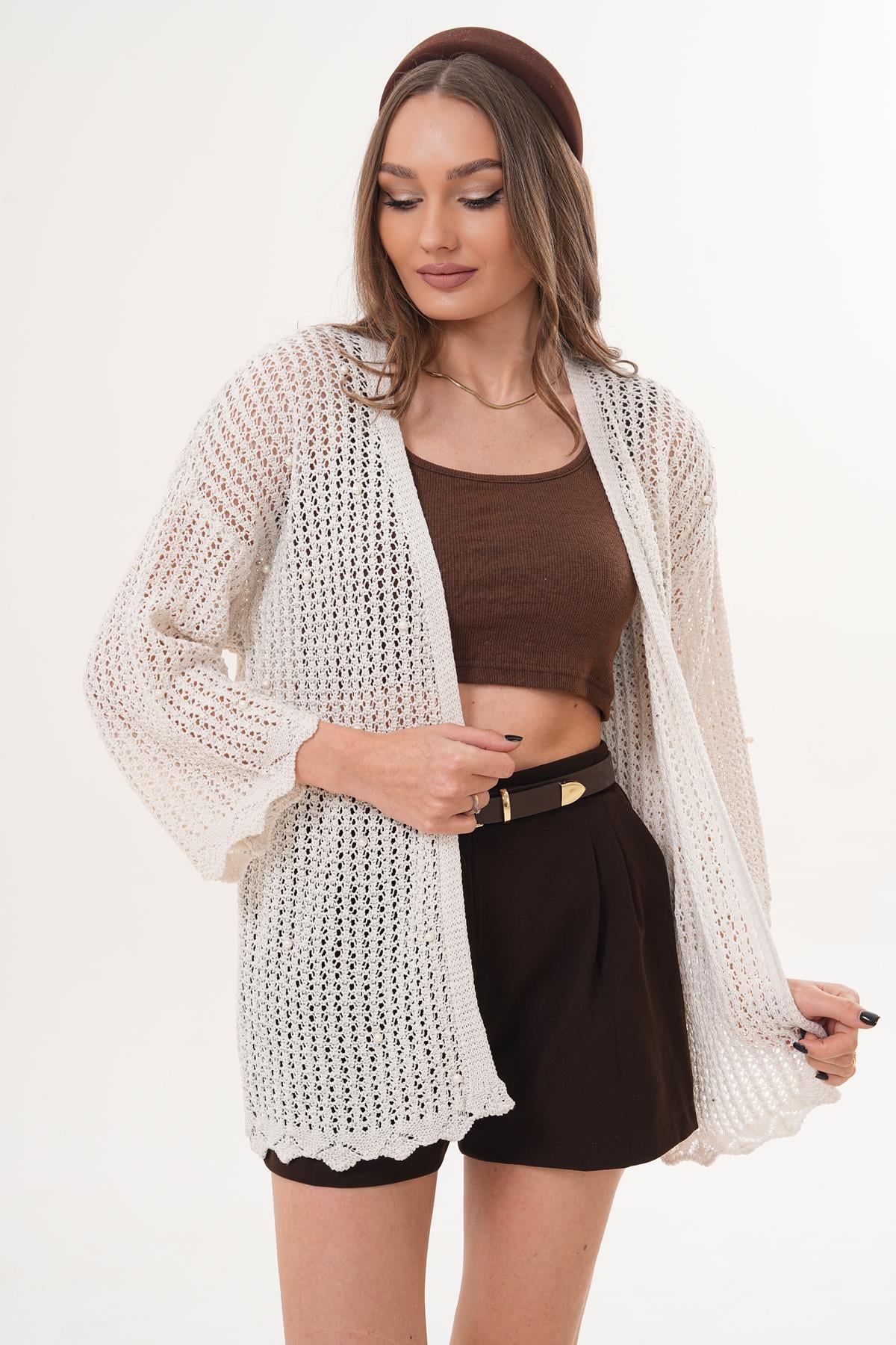 Kadın İnci İşlemeli Önü Açık Triko Örme Hırka 260474 -