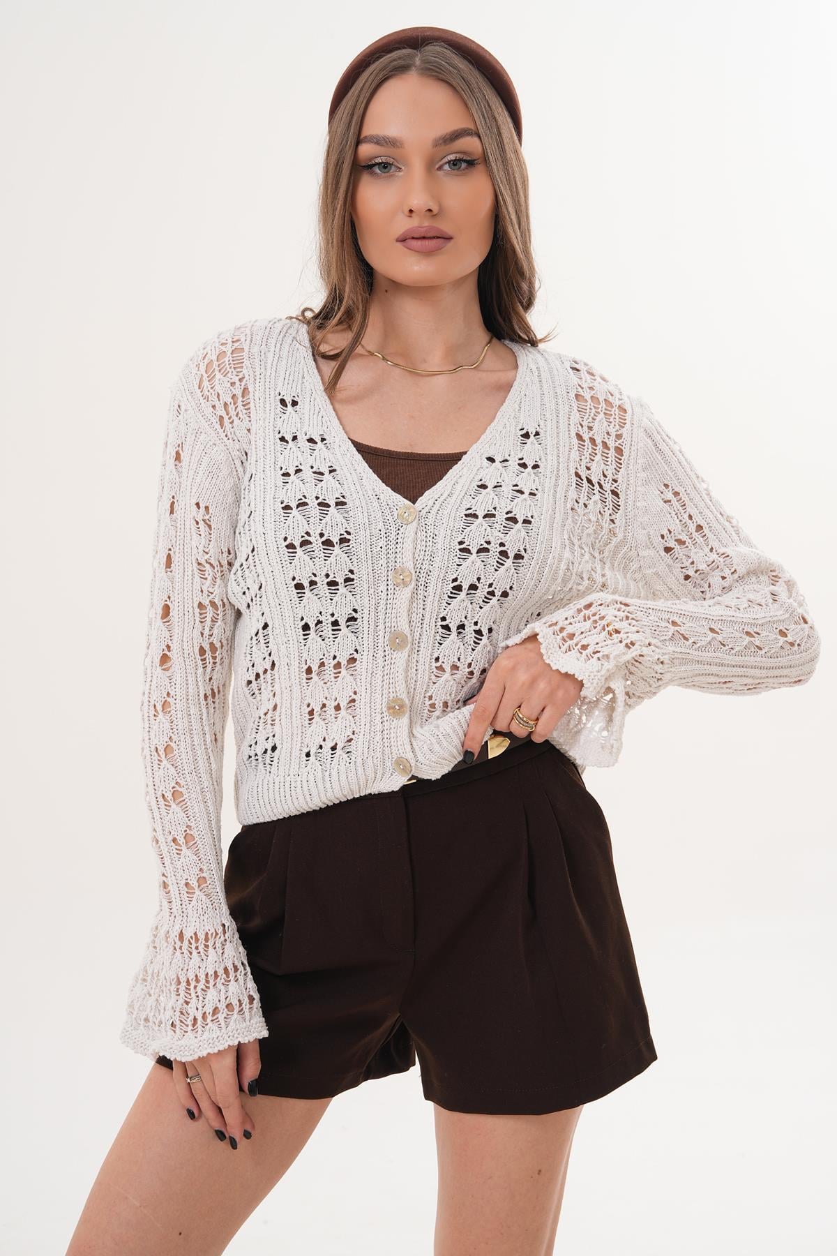 Kadın İspanyol Kol Düğmeli Triko Örme Hırka 260442 -