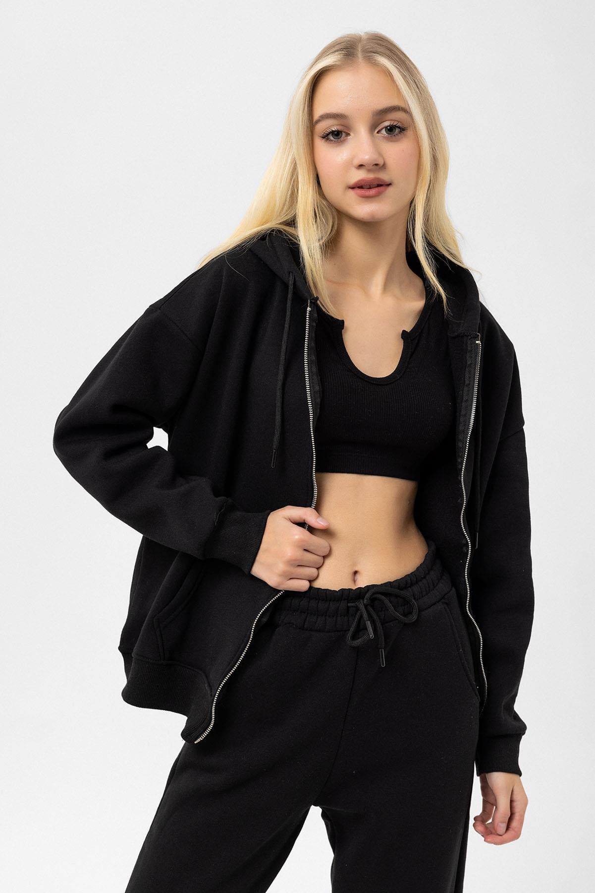 Kadın Kapüşonlu Fermuar Kapamalı Üç İplik Sweatshirt