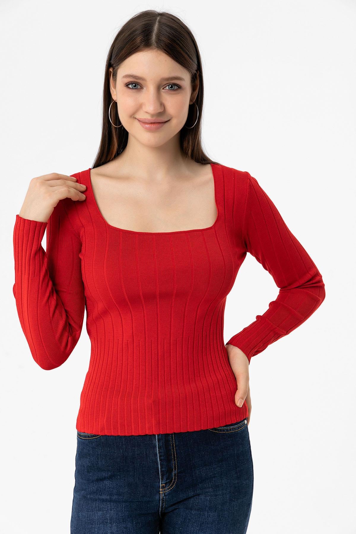 Kadın Kare Yaka Fitilli Kazak 245010 -