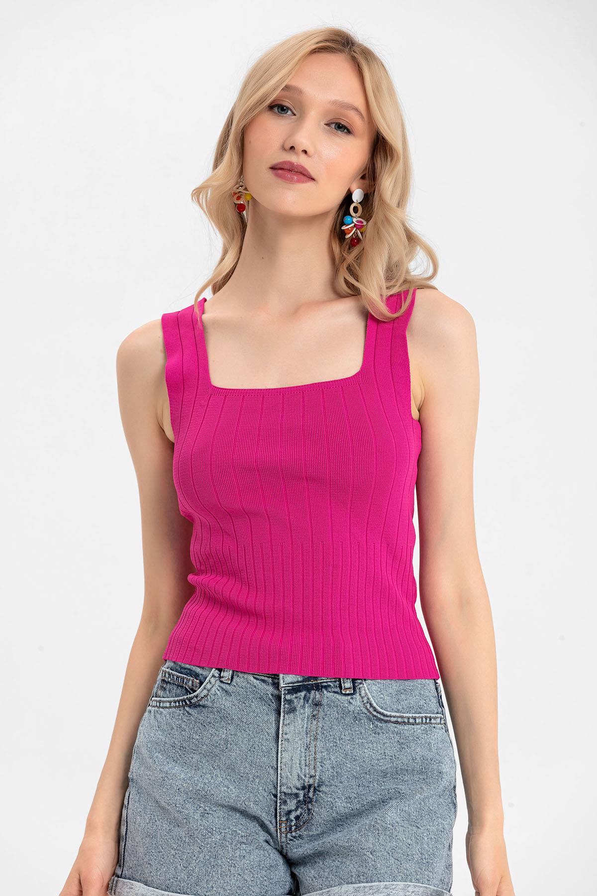 Kadın Kaşkorse İnce Örme Triko Crop Bluz