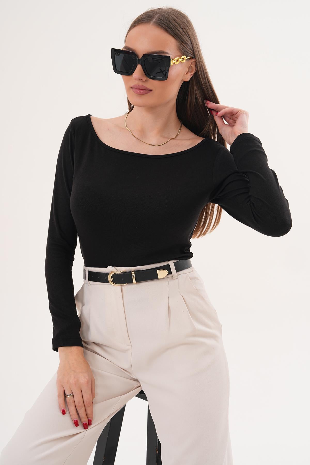 Kadın Kayık Yaka Uzun Kol Bluz - 260112