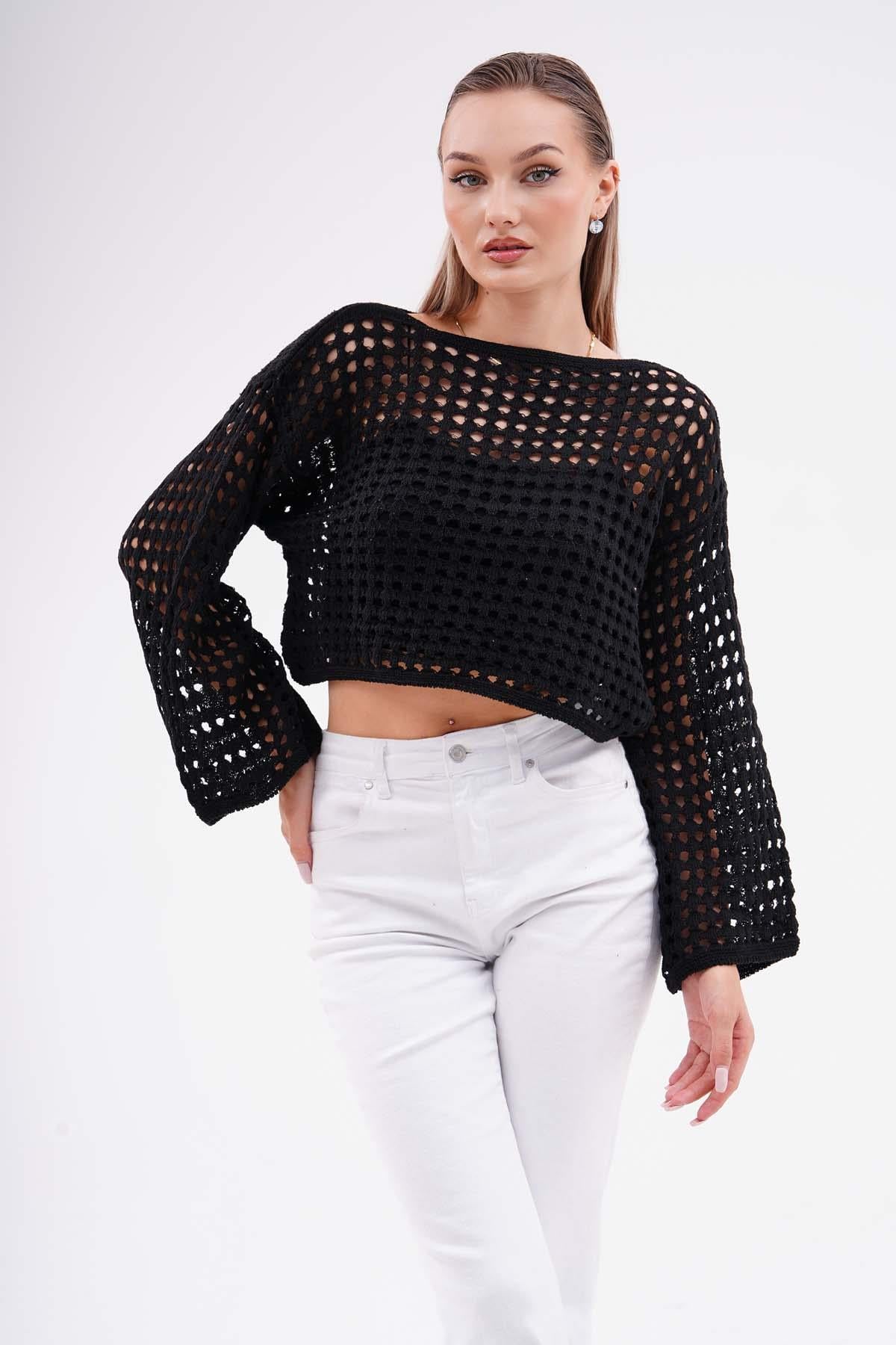 Kadın Kısa Salaş Triko Örme File Kazak