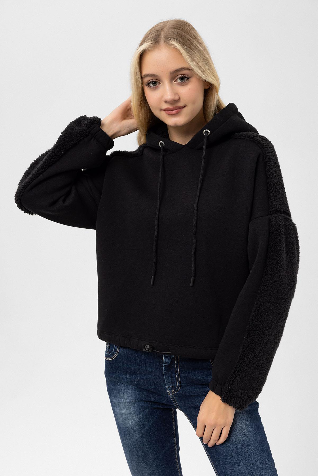 Kadın Kol Peluş Detaylı Kapüşonlu Sweatshirt