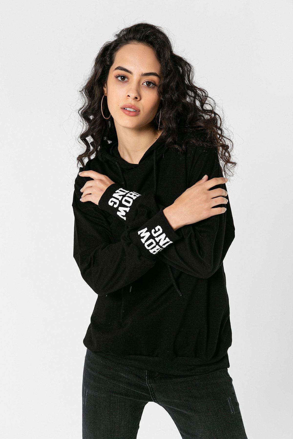 Kadın Kol Sırt Baskı Detaylı Kapüşonlı Oversize Sweatshirt