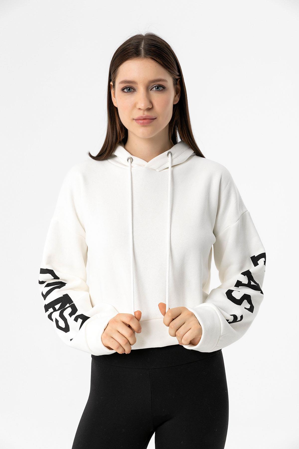 Kadın Kolları Baskılı Kapüşonlu Kısa Sweatshirt 235010 -