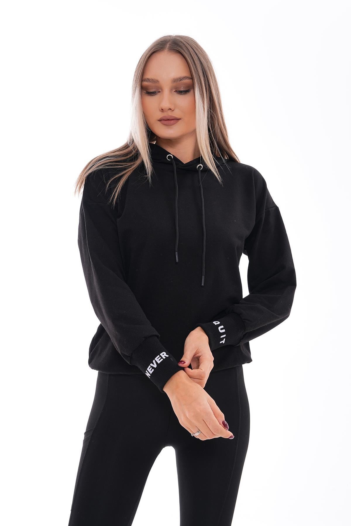 Kadın Kolu Sırtı Baskı Detaylı Kapüşonlu Sweatshirt 245293 -