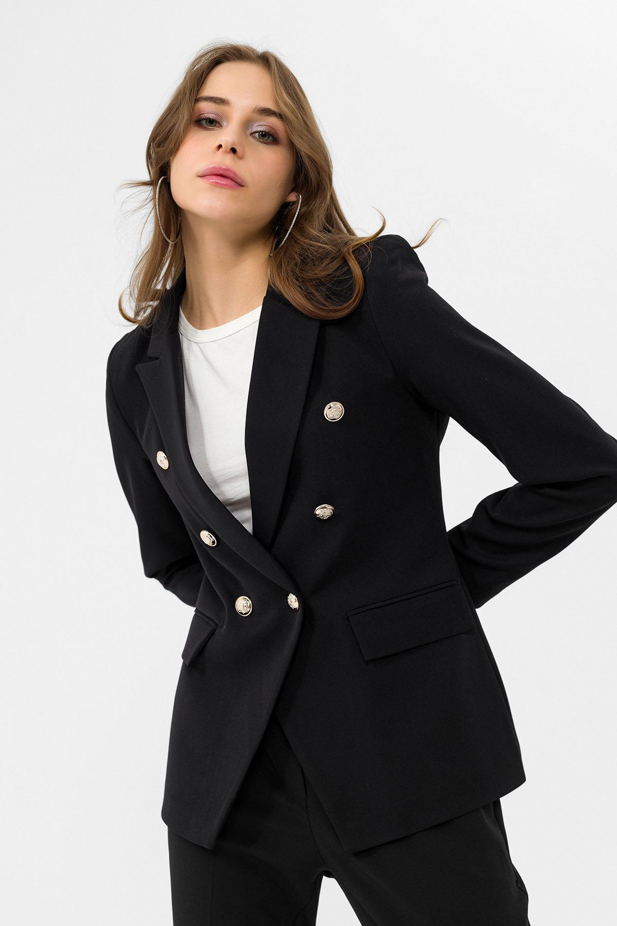 Kadın Kruvaze Yaka Düğme Detaylı Blazer Ceket 250190 -