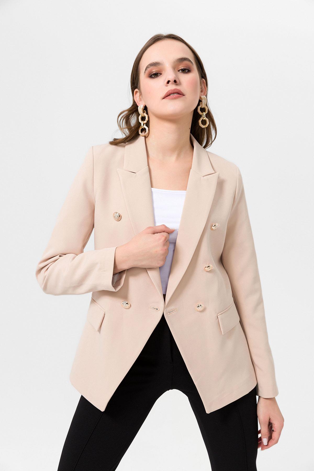 Kadın Kruvaze Yaka Düğme Detaylı Blazer Ceket 250190 -