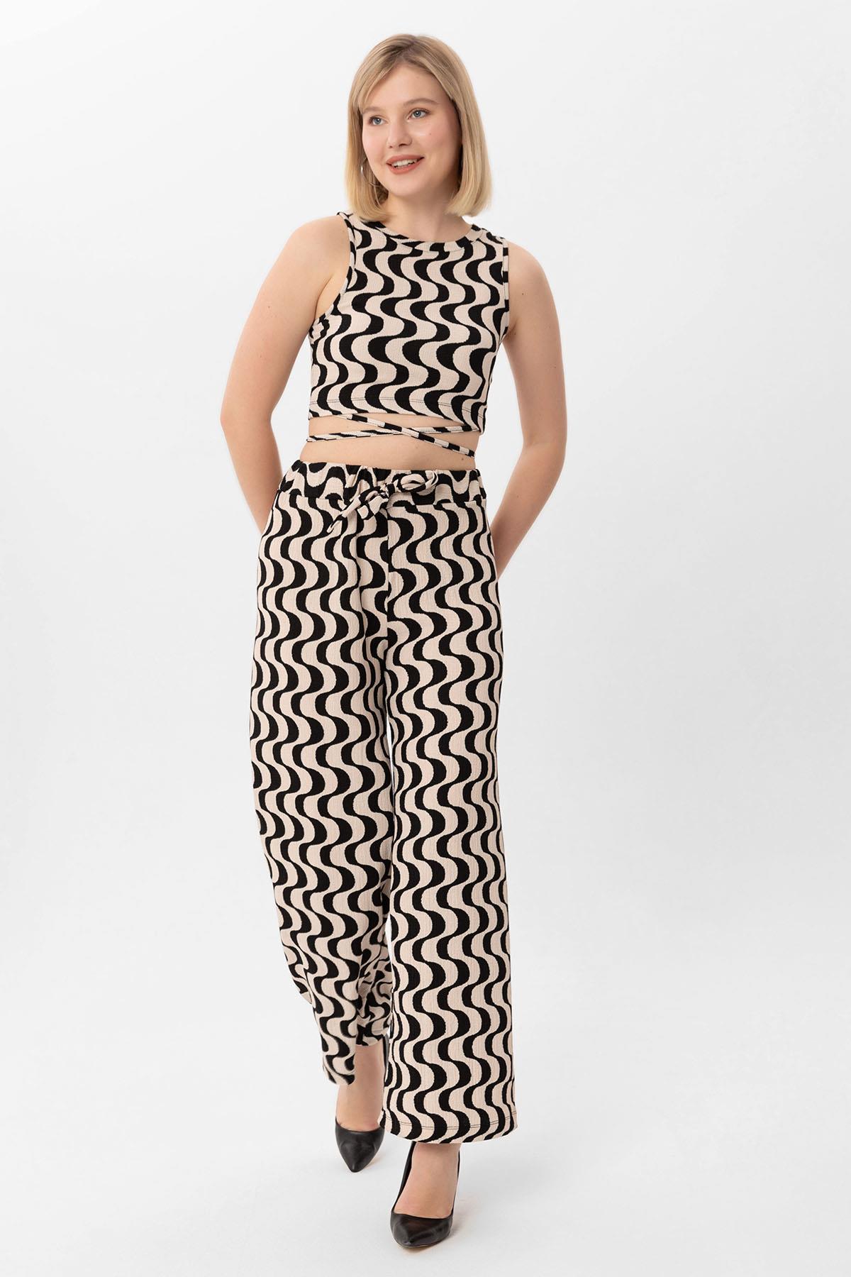 Kadın Kurdele Desen Crop Pantolon İkili Takım 250054 -