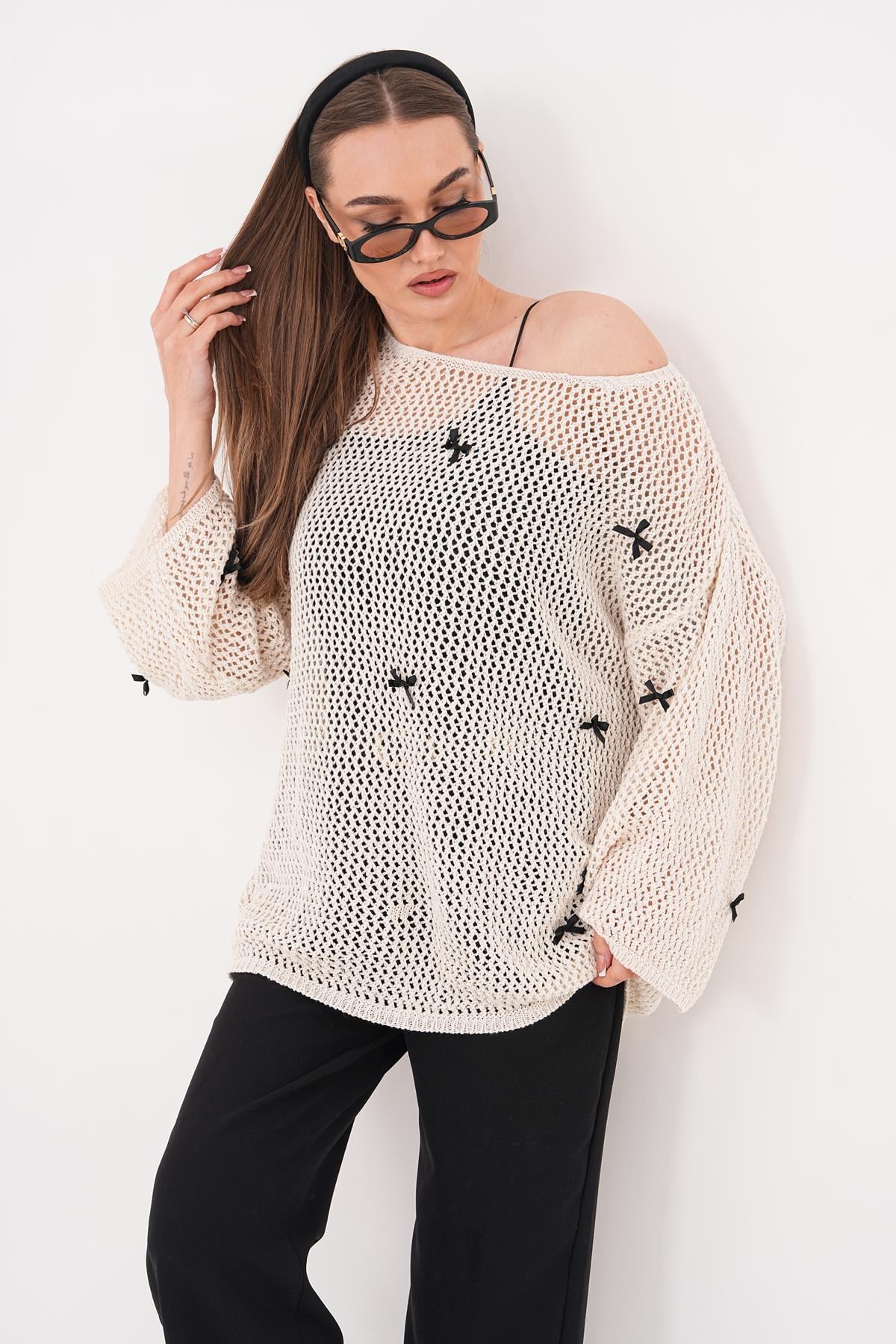 Kadın Kurdele Detaylı Triko Örme File Kazak 260536 -