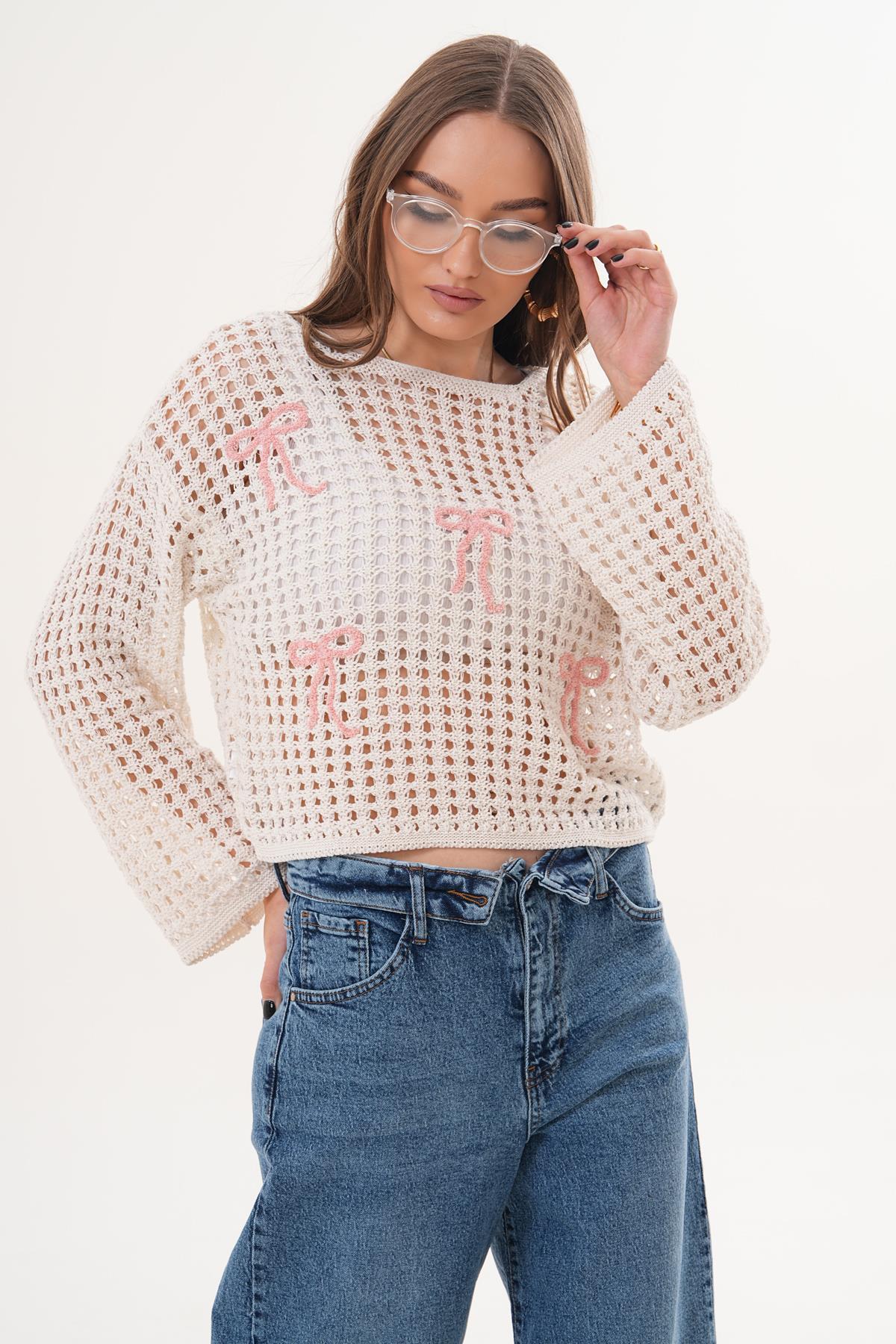 Kadın Kurdele Nakışlı File Triko Örme Kazak 260476 -