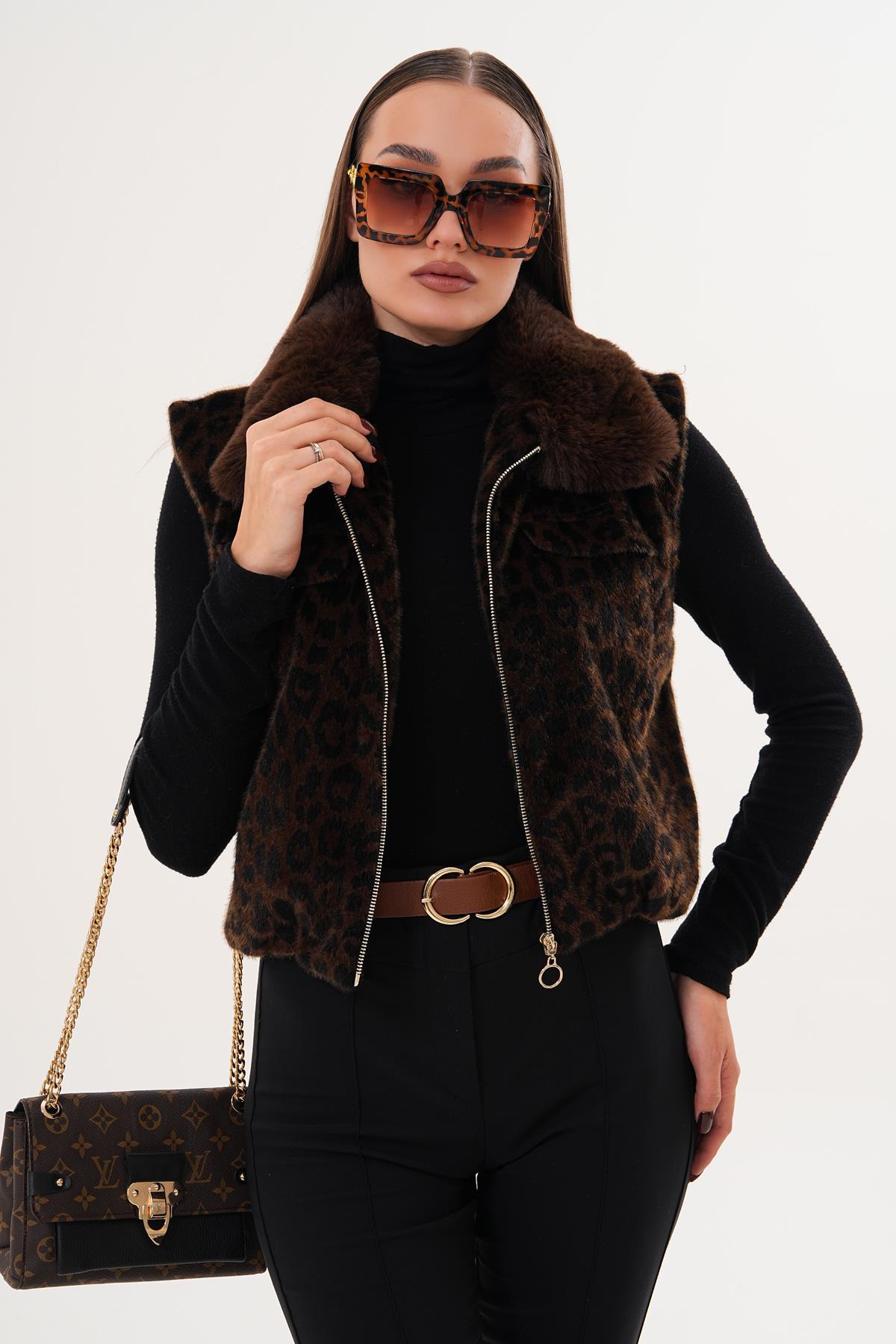 Kadın Leopar Desen Tüylü Yelek 255380 -