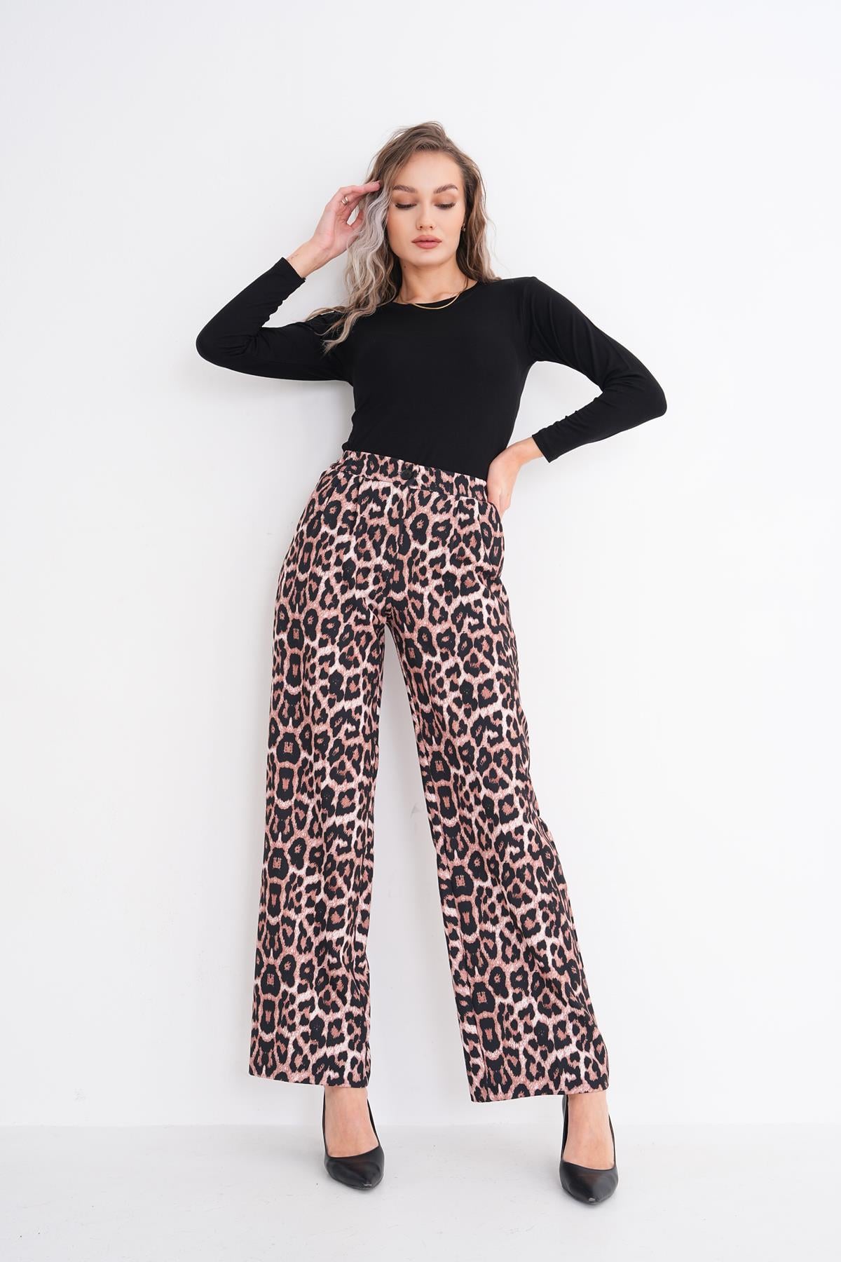 Kadın Leopar Desenli Beli Lastikli Bol Paça Pantolon 245373 -