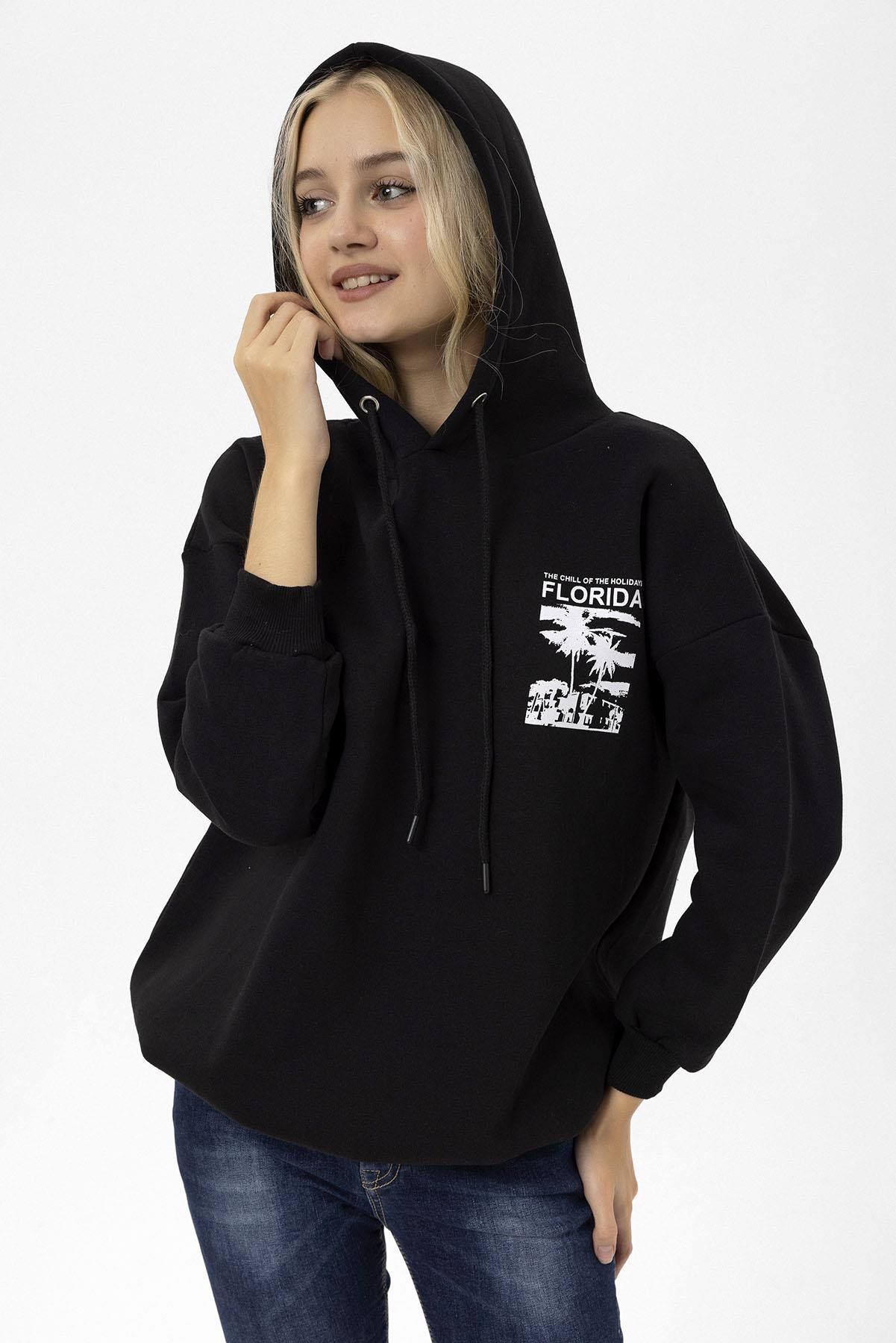 Kadın Ön Arka Baskı Detaylı Kapüşonlu Oversize Üç İplik Sweatshirt