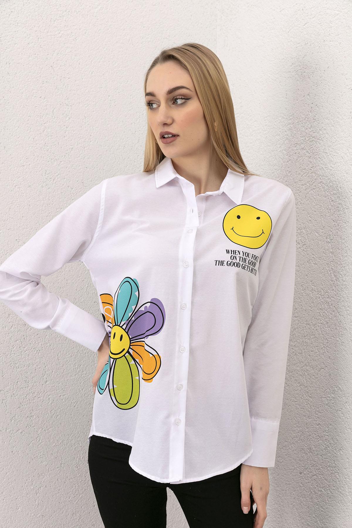 Kadın Ön Arka Baskı Detaylı Oversize Gömlek