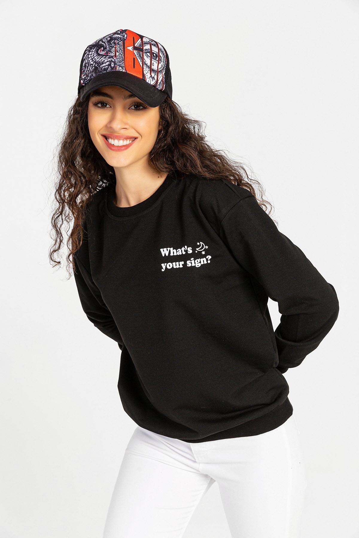 Kadın Ön Arka Baskılı Bisiklet Yaka Sweatshirt
