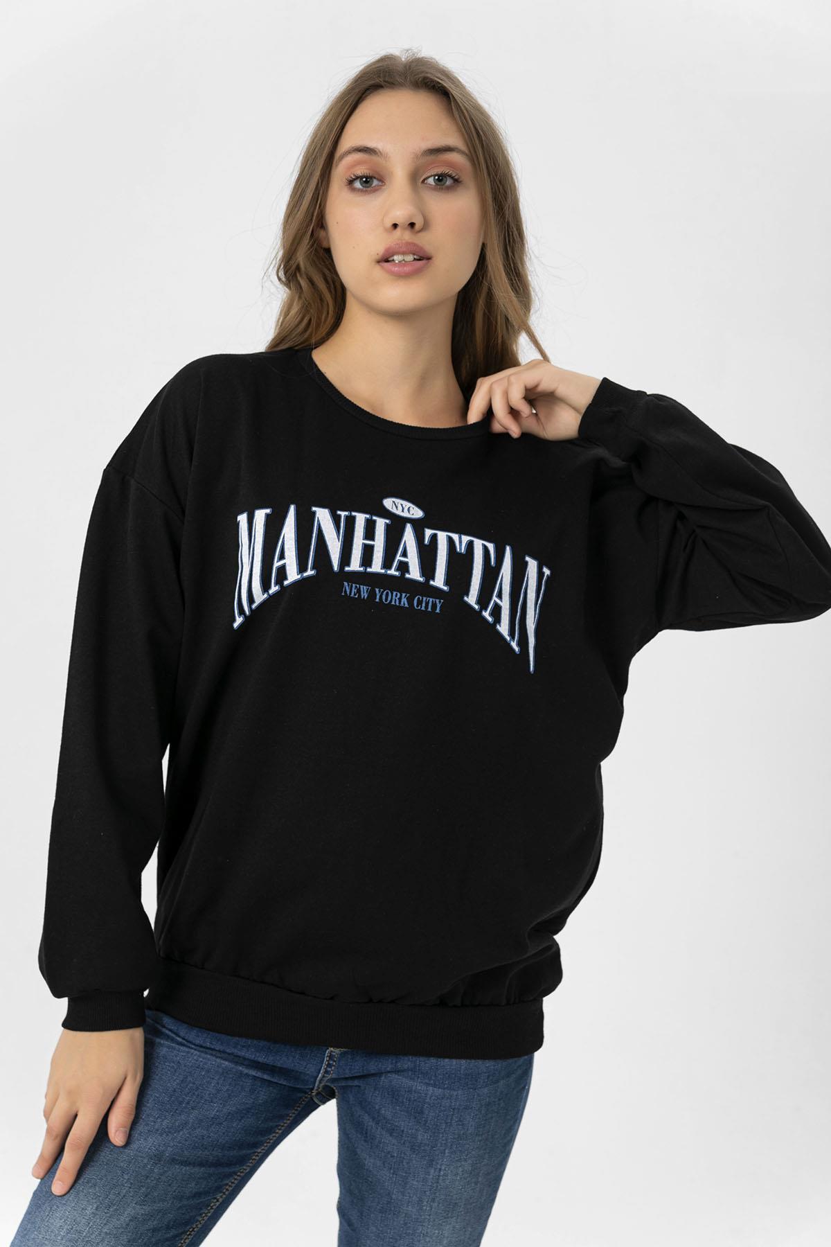 Kadın Ön Baskı Detaylı Bisiklet Yaka Oversize Sweatshirt