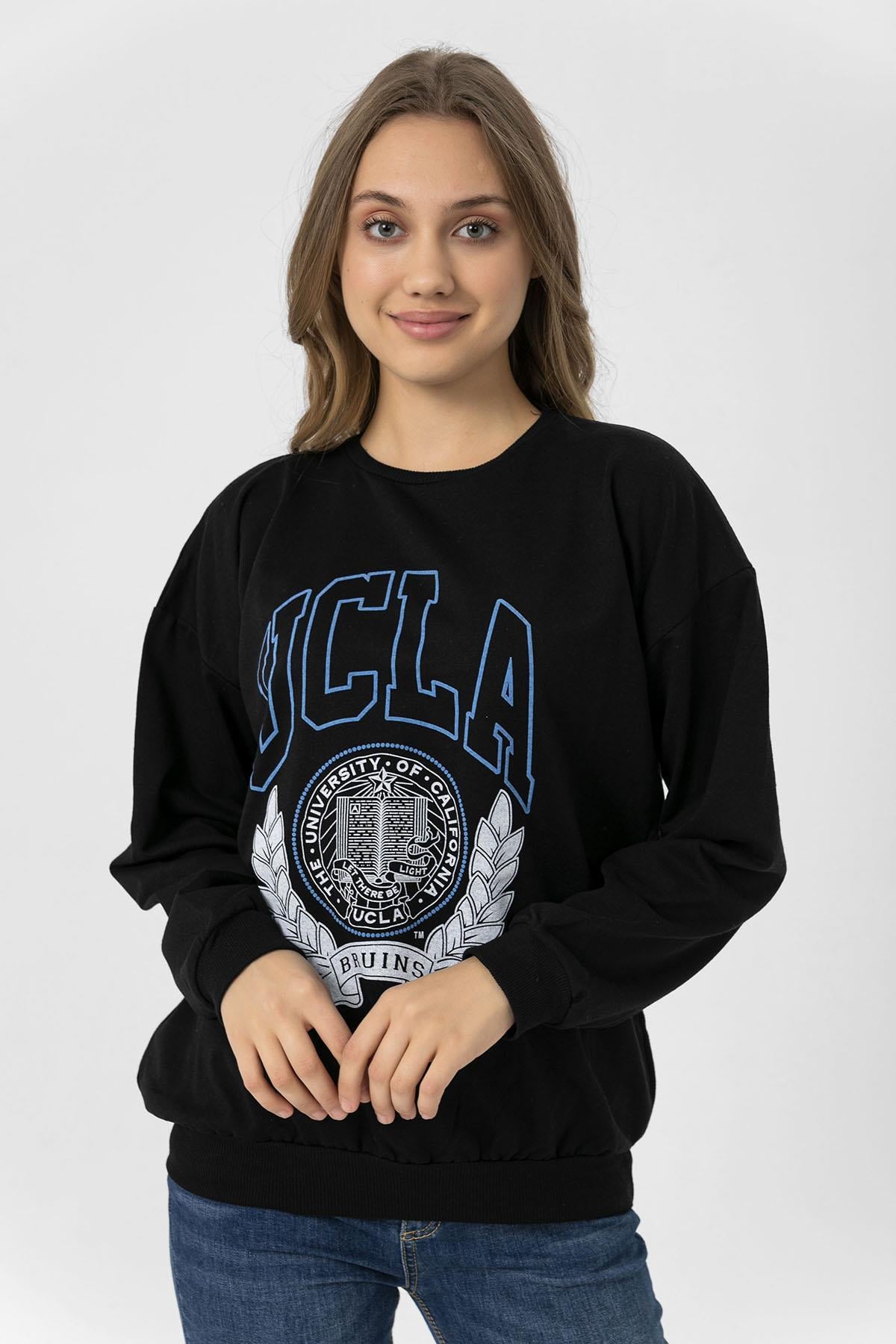 Kadın Ön Baskı Detaylı Bisiklet Yaka Oversize Sweatshirt