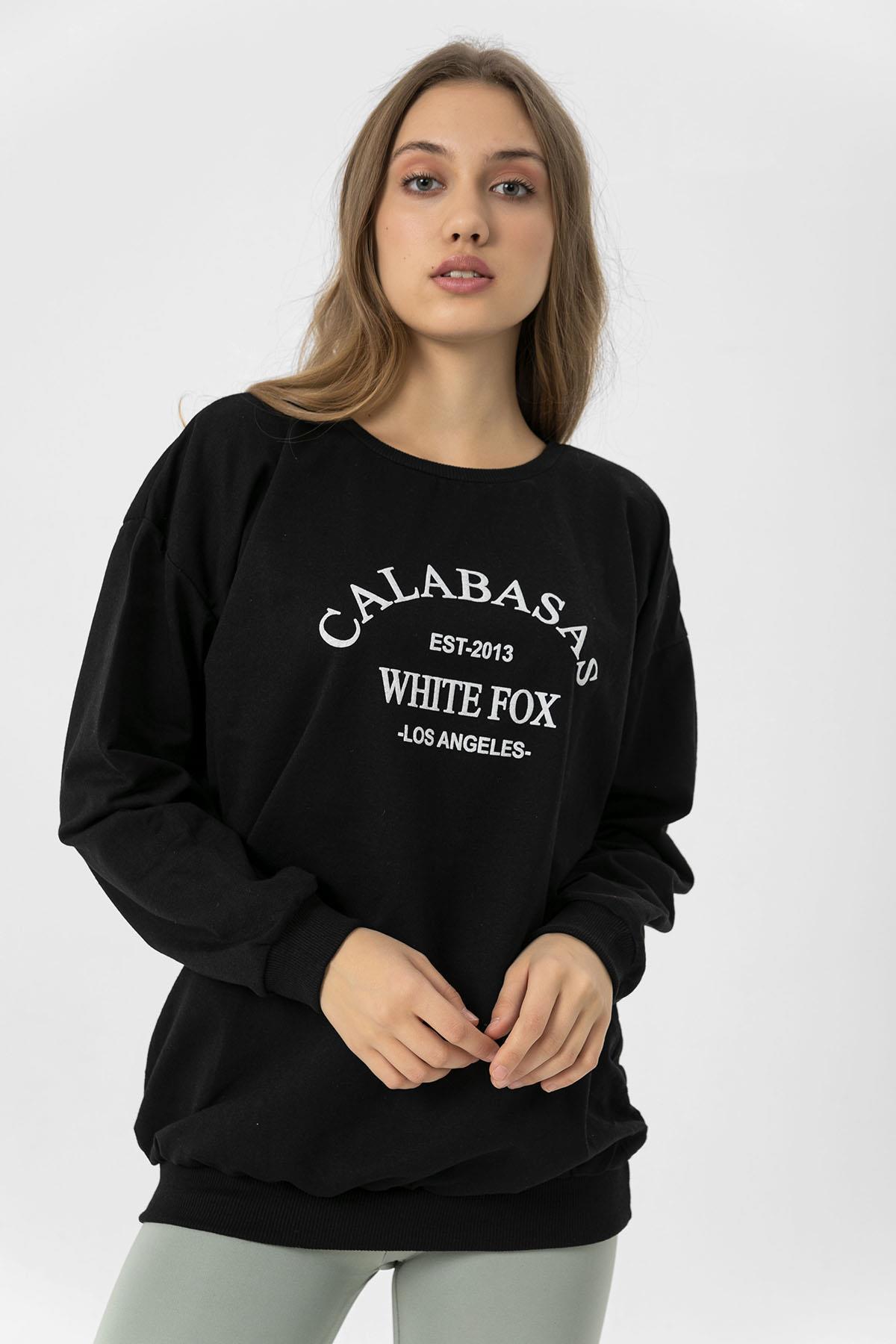 Kadın Ön Baskı Detaylı Bisiklet Yaka Oversize Sweatshirt