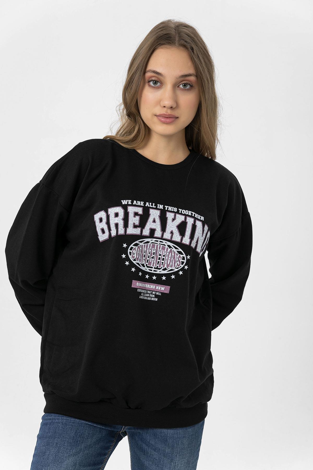 Kadın Ön Baskı Detaylı Bisiklet Yaka Oversize Sweatshirt
