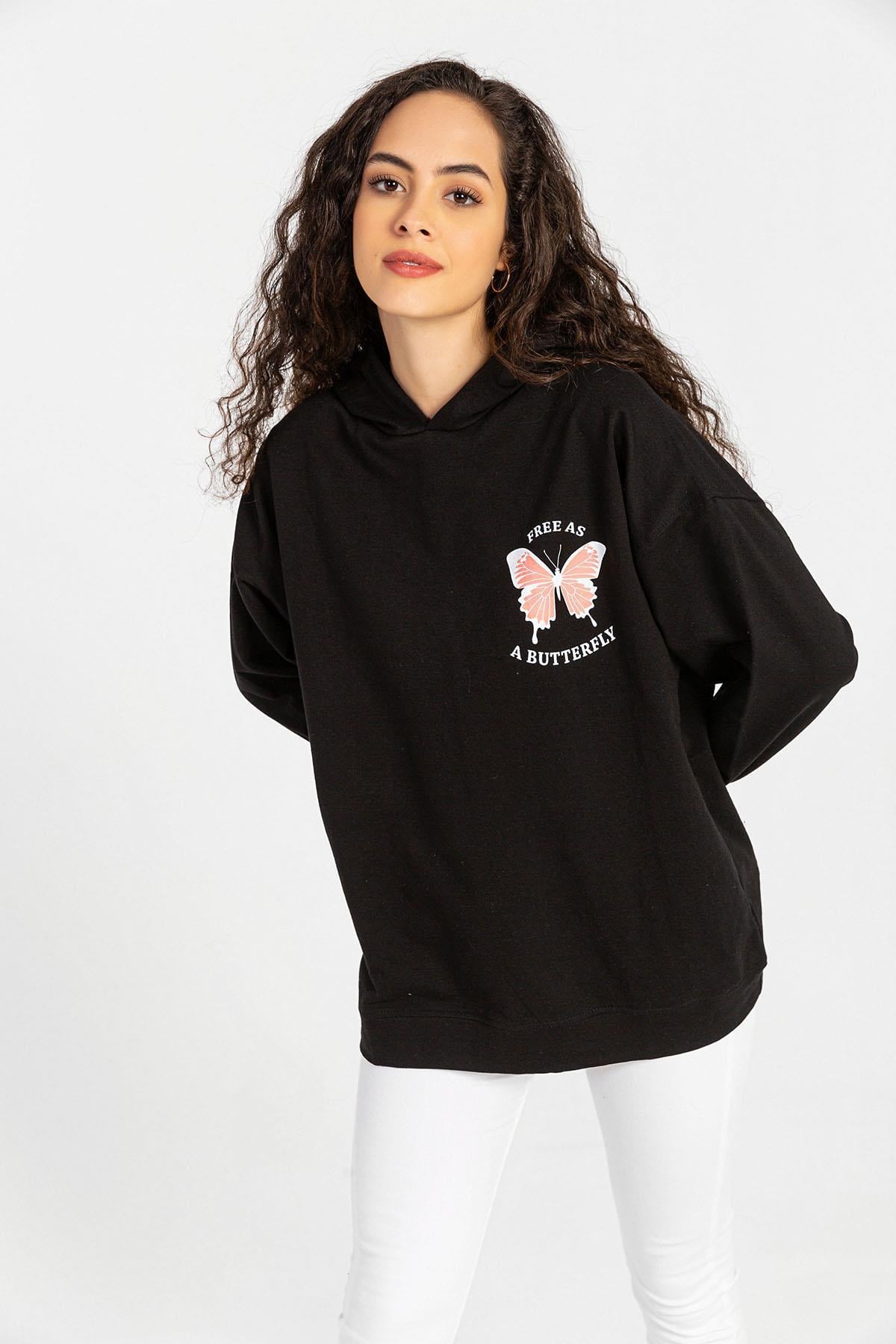 Kadın Ön Sırt Baskılı Kapüşonlu Oversize Sweatshirt