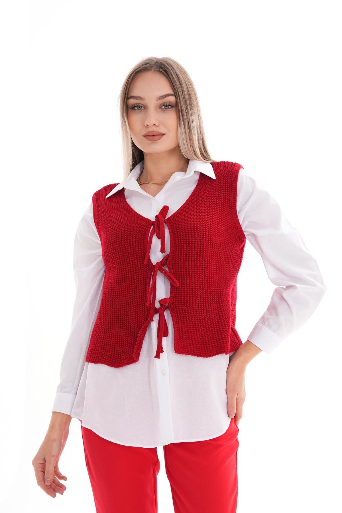 Kadın Önden Bağlama Detaylı Triko Örme Yelek 245329 -