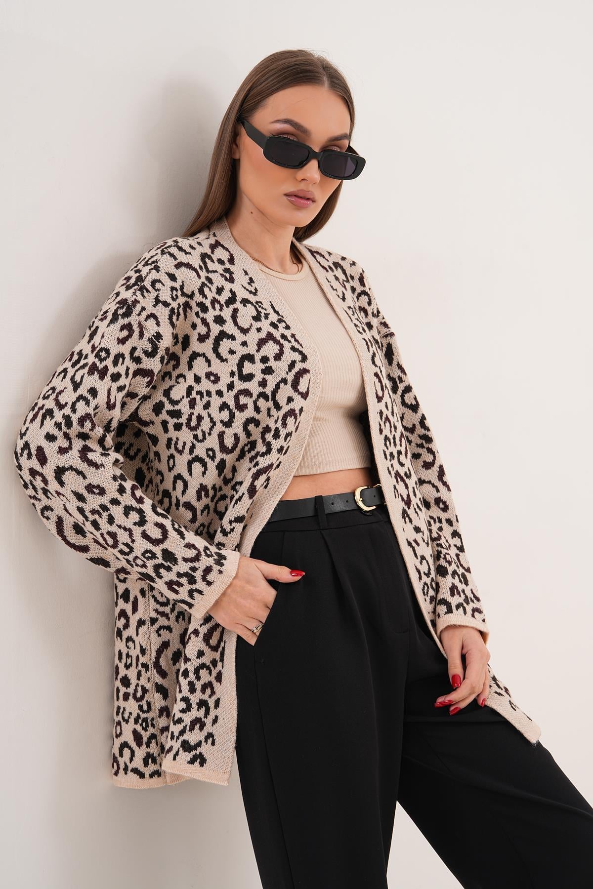 Kadın Önü Açık Leopar Desen Hırka 255460 -