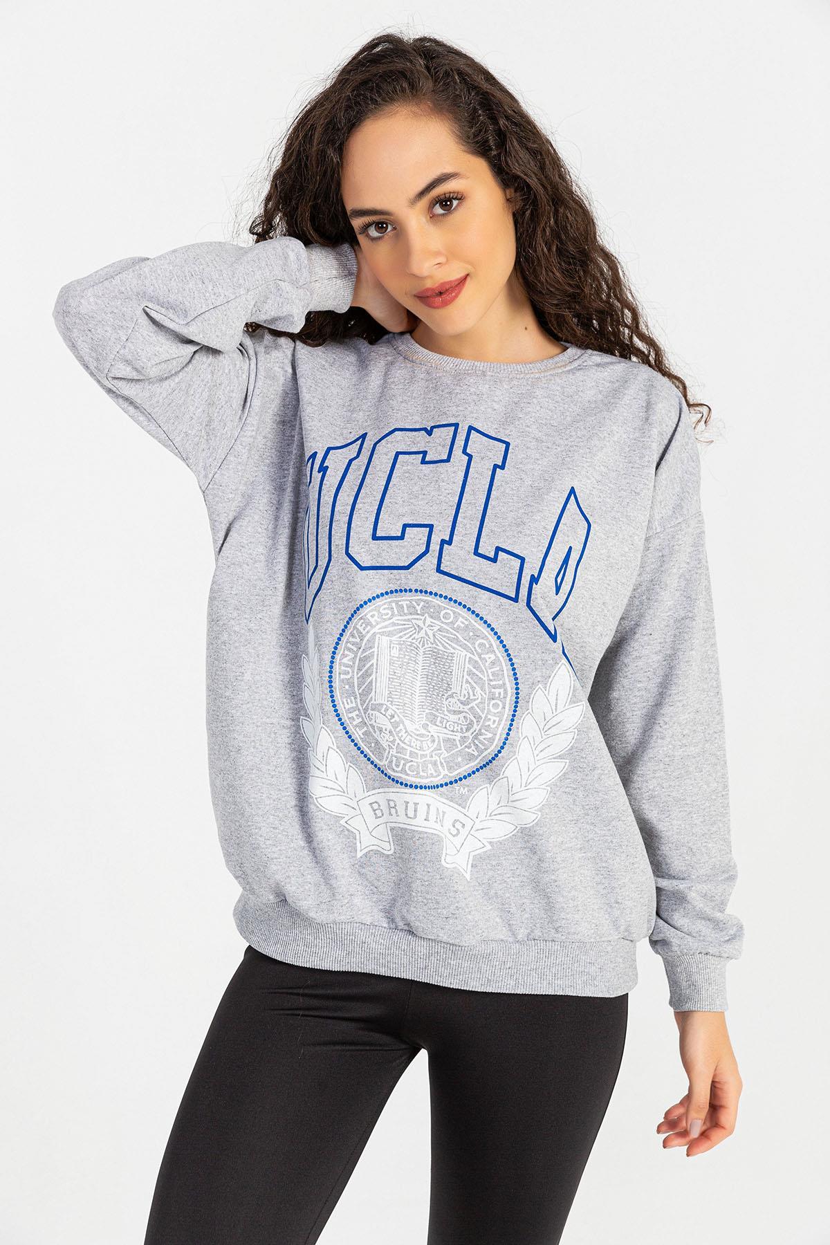 Kadın Önü Baskı Detaylı Bisiklet Yaka Sweatshirt