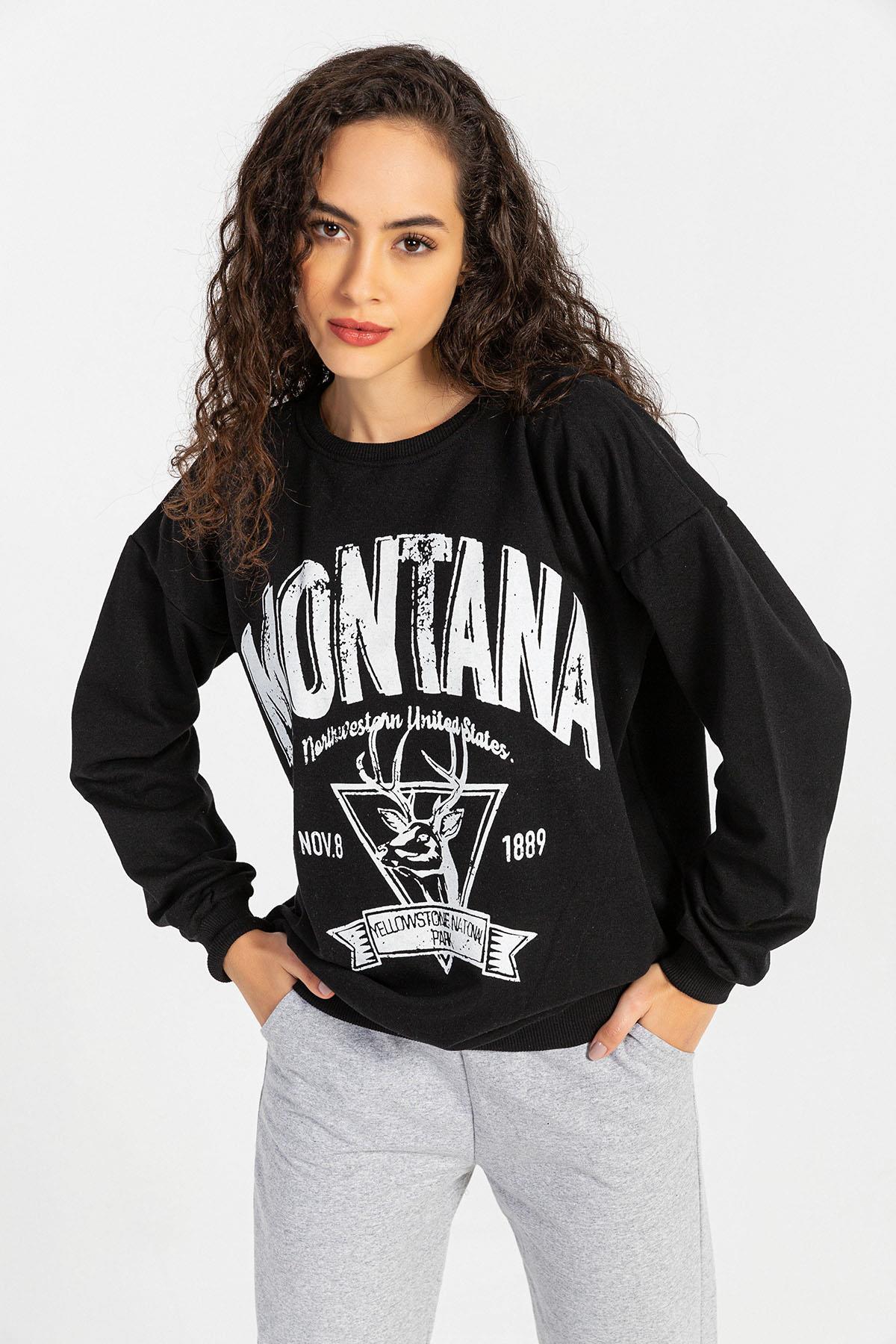 Kadın Önü Baskı Detaylı Bisiklet Yaka Sweatshirt