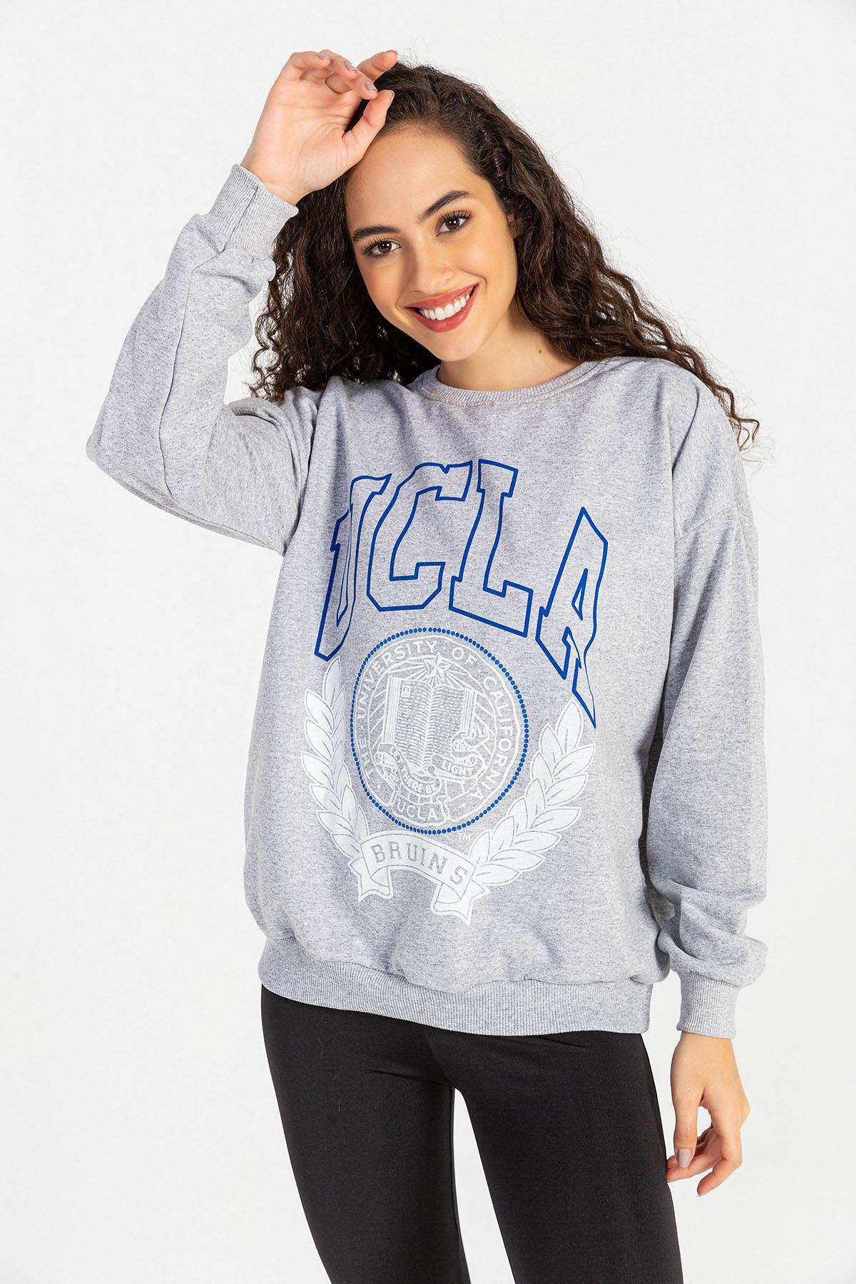 Kadın Önü Baskı Detaylı Bisiklet Yaka Sweatshirt