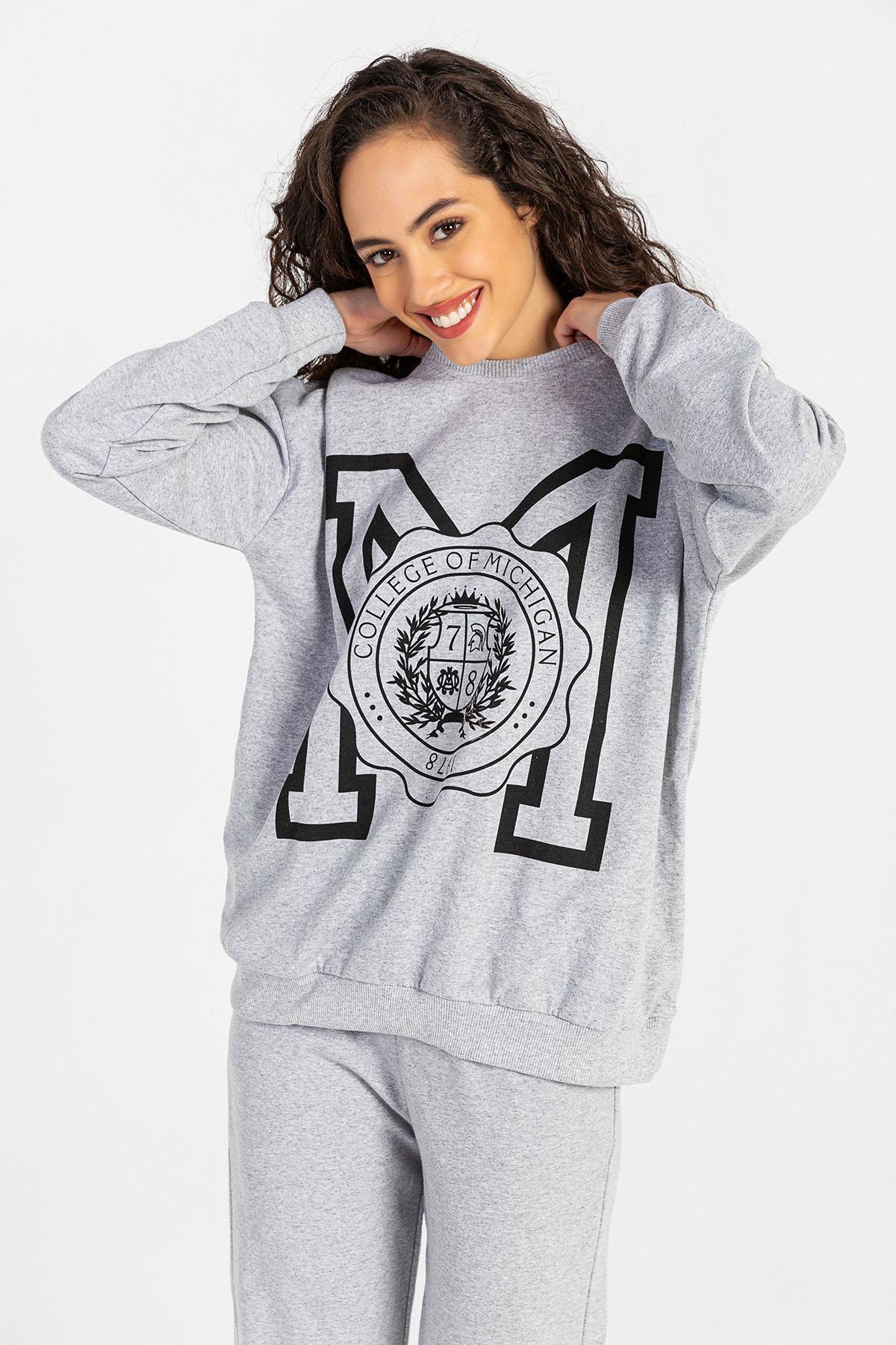 Kadın Önü Baskı Detaylı Bisiklet Yaka Sweatshirt