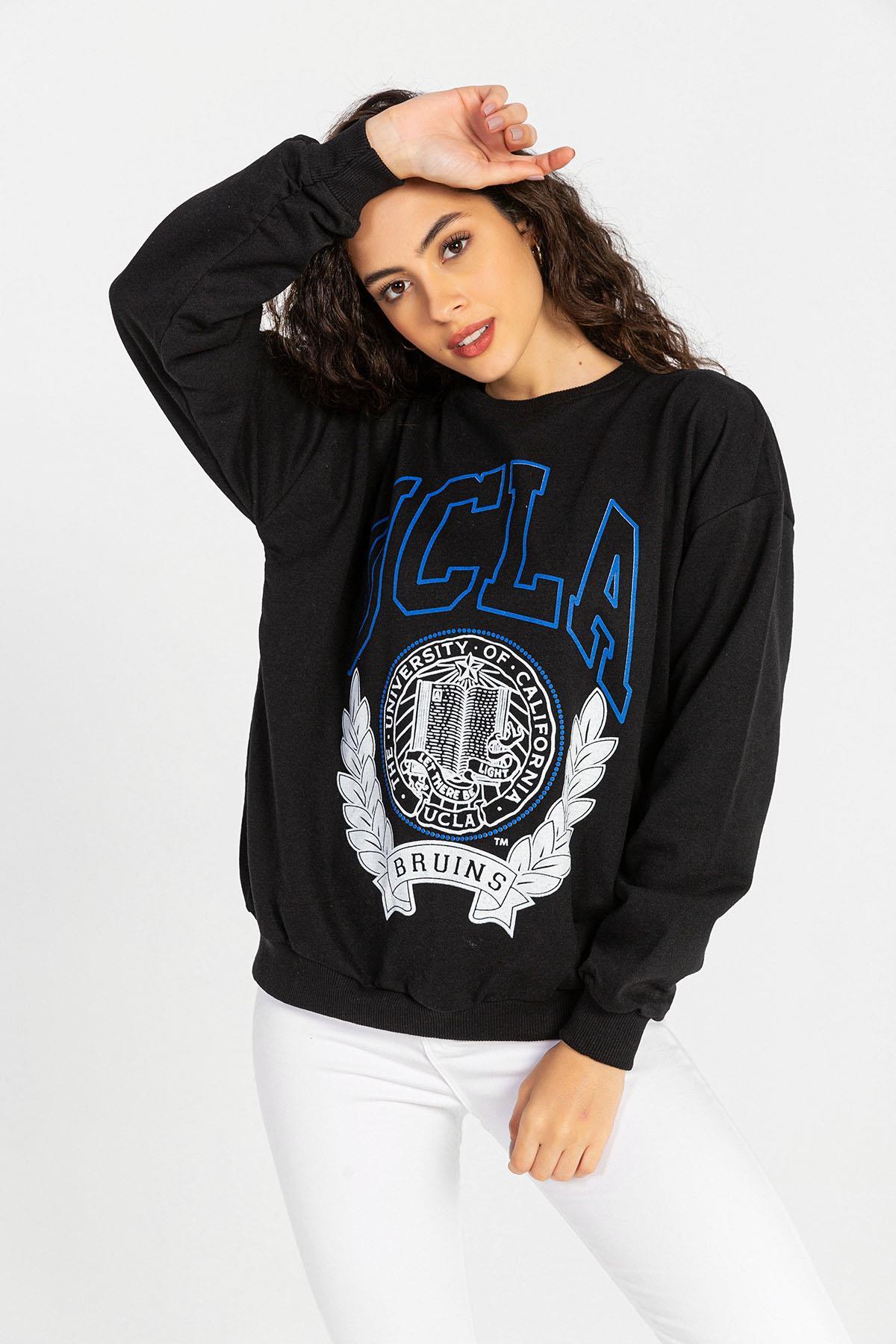Kadın Önü Baskı Detaylı Bisiklet Yaka Sweatshirt